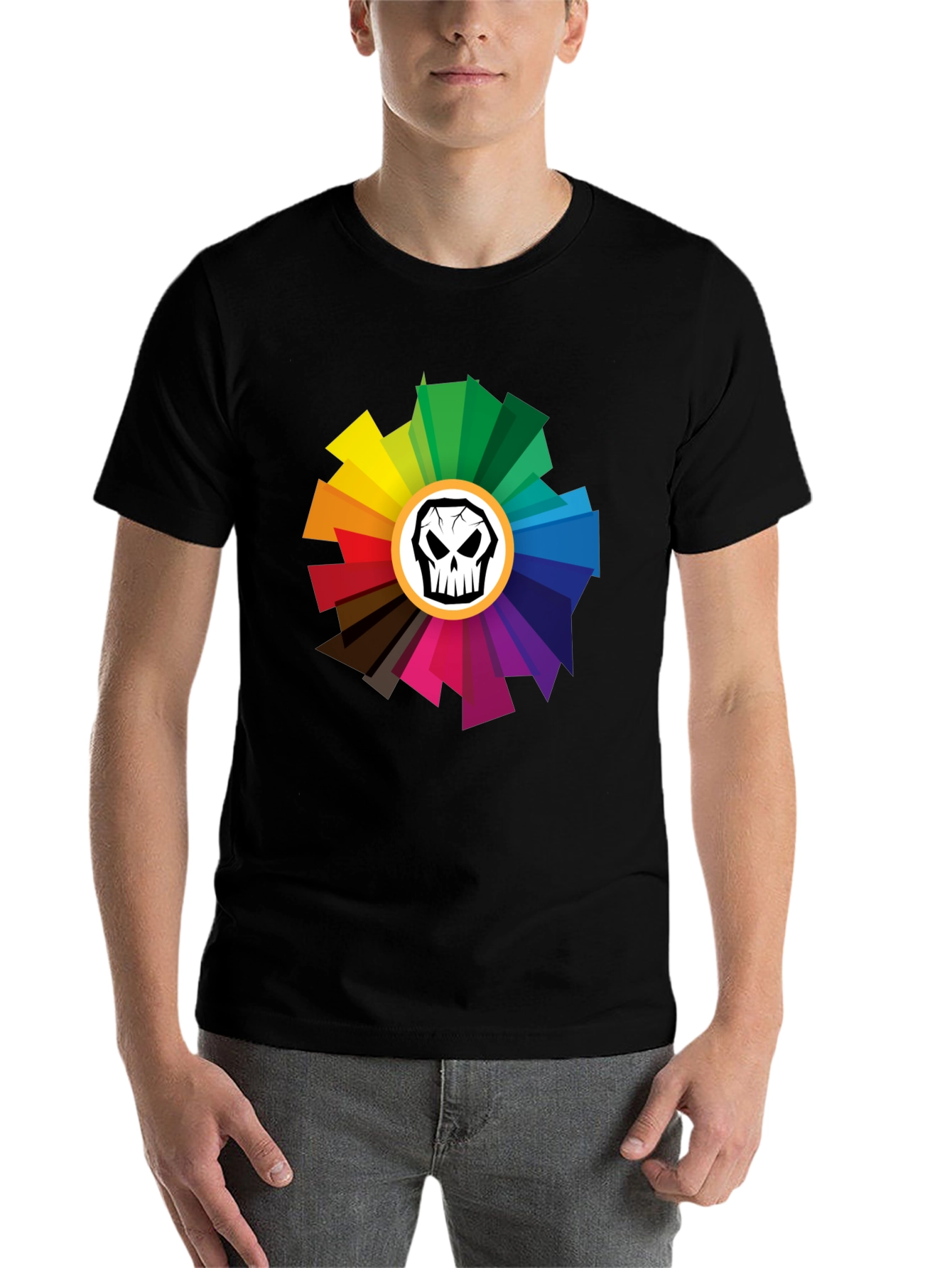 Black Skull Color Wheel Black T-Shirt - Unique Design view 7