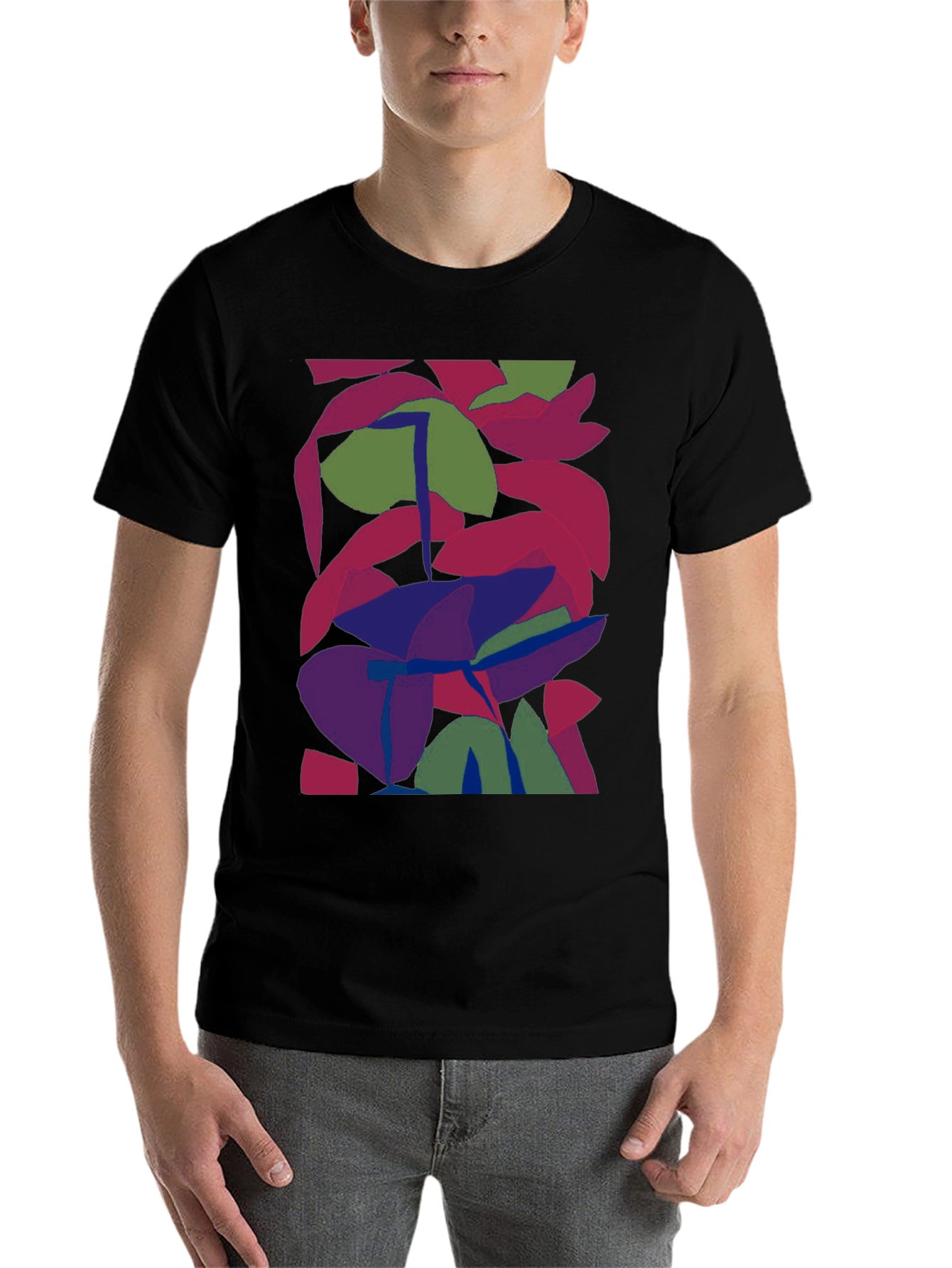 Black Abstract Leaf Design Black T-Shirt view 7