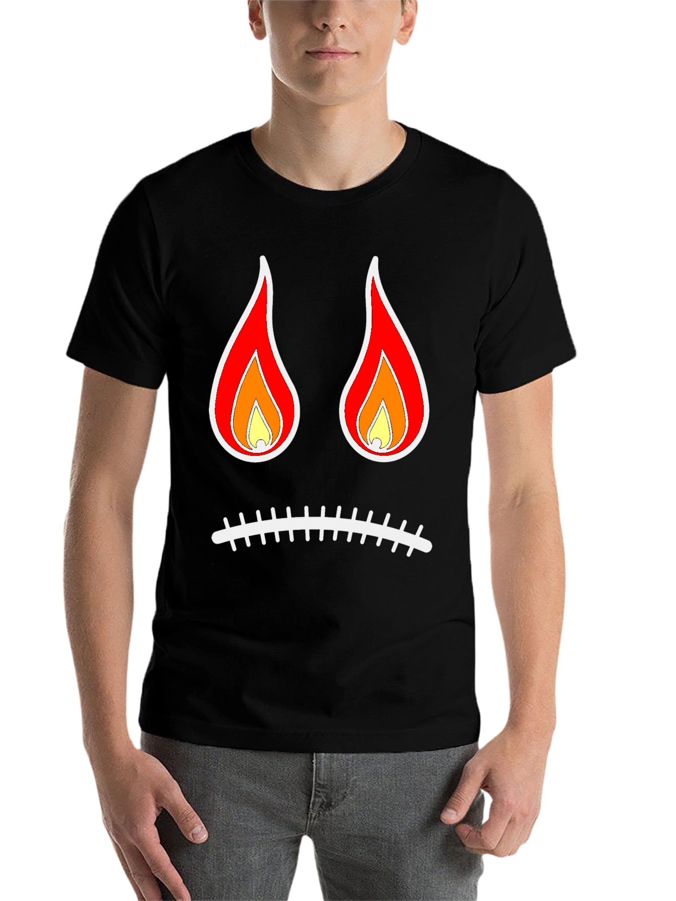 Black Flame Eyes Sad Face Black T-Shirt view 7