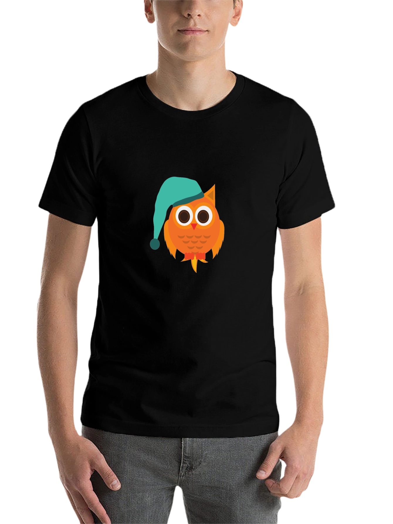Black Owl Cartoon Graphic T-Shirt - Night Cap Design view 7