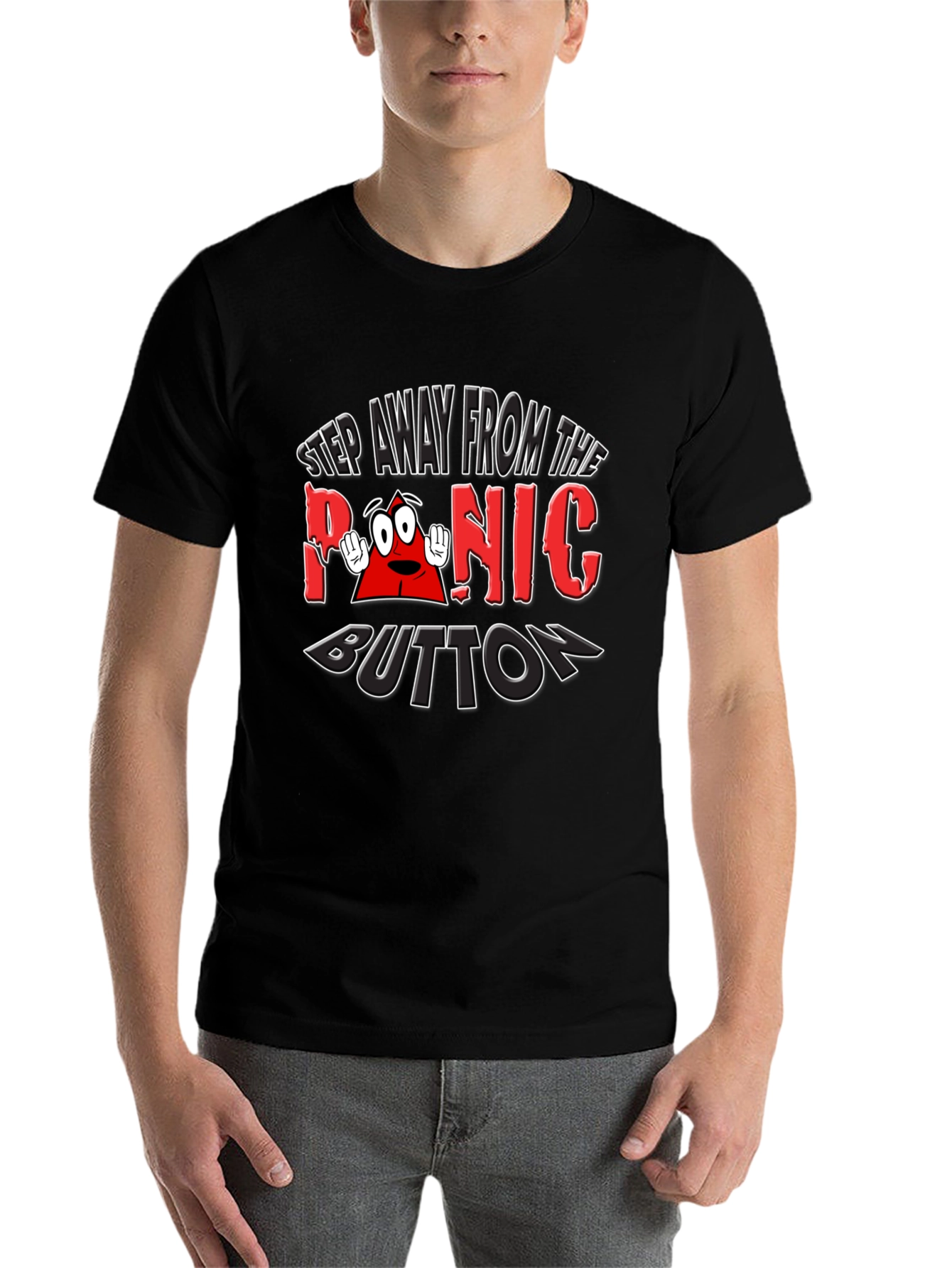 Black Panic Button Graphic T-Shirt Funny Tee view 7