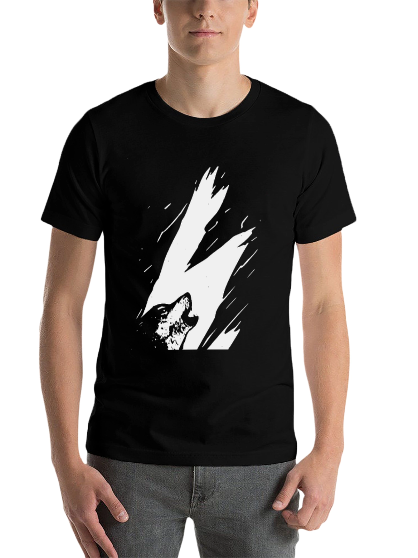 Black Howling Wolf Graphic Print Black T-Shirt view 7