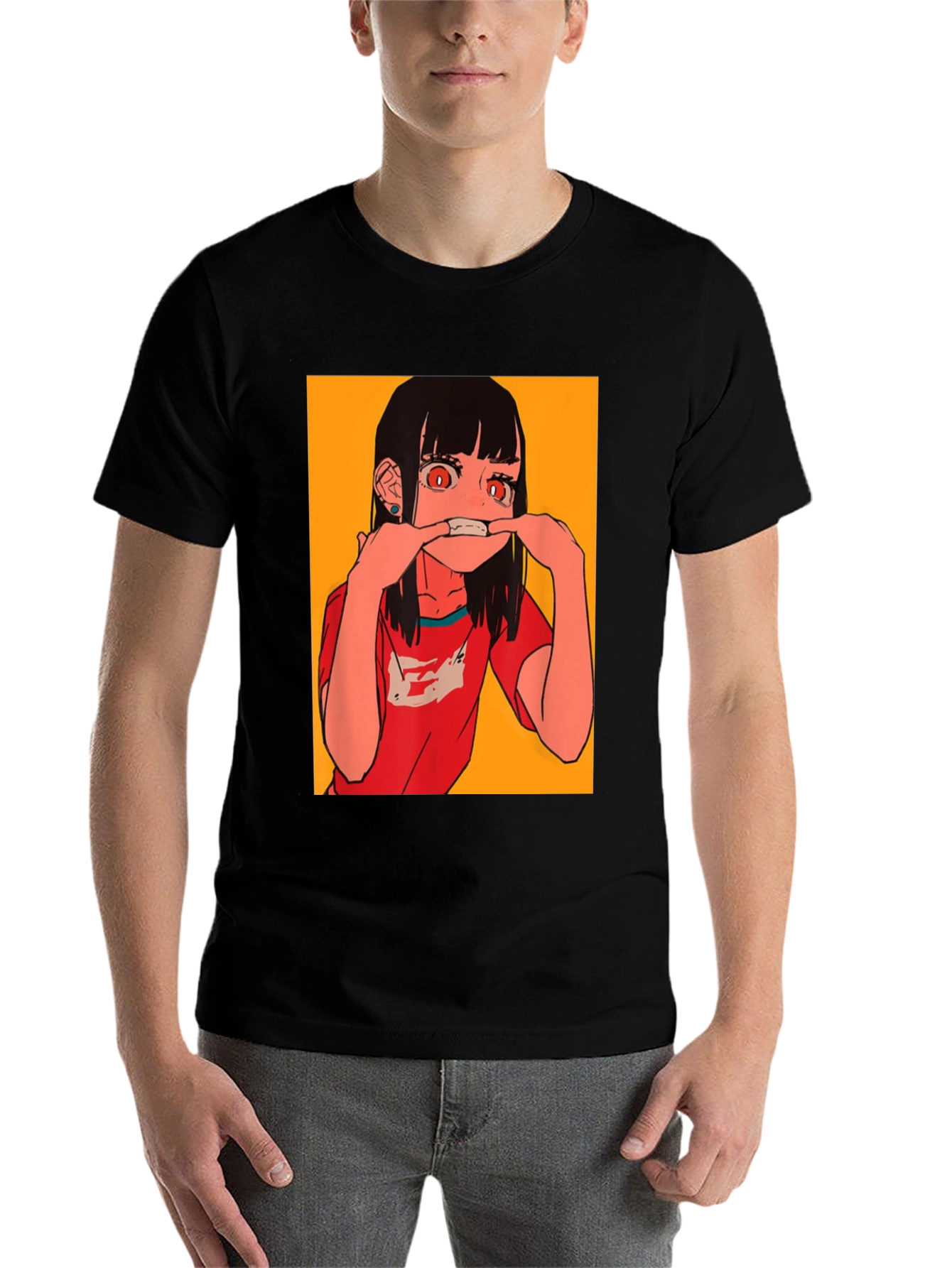 Black Anime Girl Graphic Tee - Black Cotton Blend T-Shirt view 7