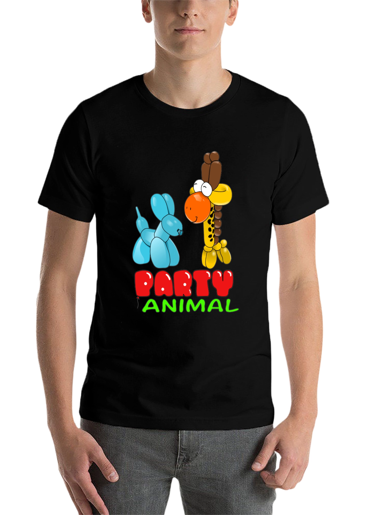 Black Party Animal T-Shirt with Balloon Giraffe and Dog Design view 7