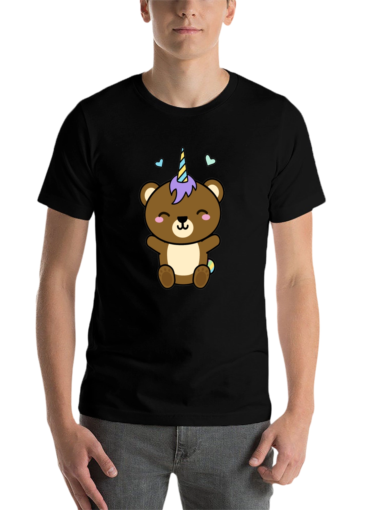 Black Cute Unicorn Bear Black T-Shirt view 7