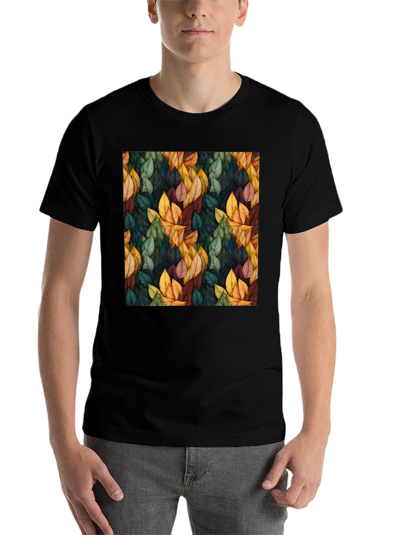 Black Autumn Leaf Pattern Black T-Shirt view 7