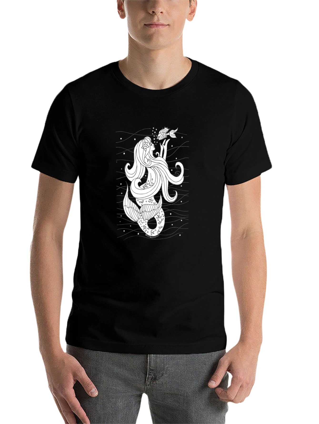 Black Mermaid & Fish Graphic T-Shirt - Black Cotton Tee view 7
