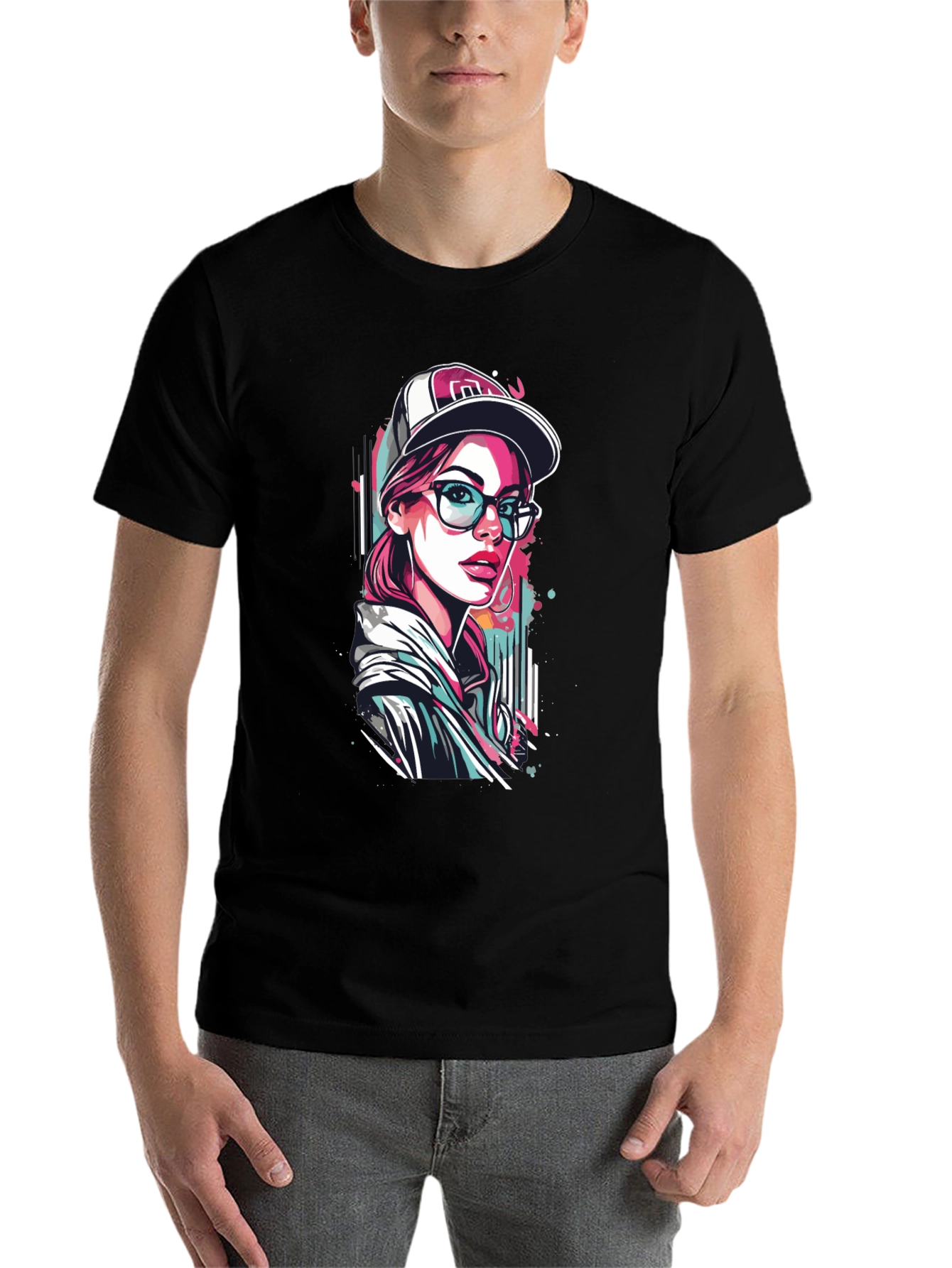 Black Stylish Woman Graphic Print Black T-Shirt view 7