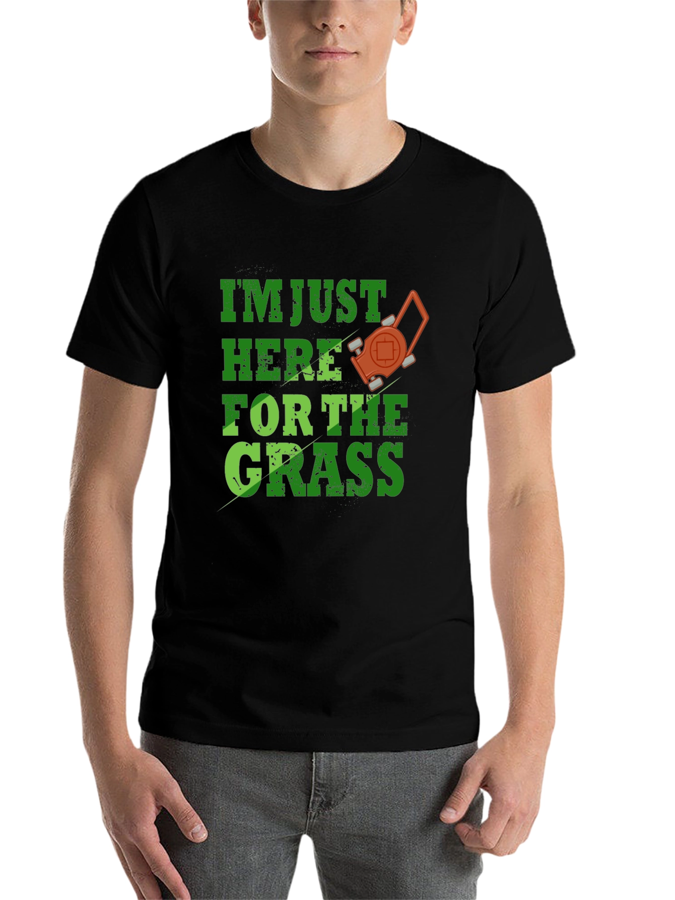 Black Funny Lawn Care T-Shirt - "Here for the Grass" view 7