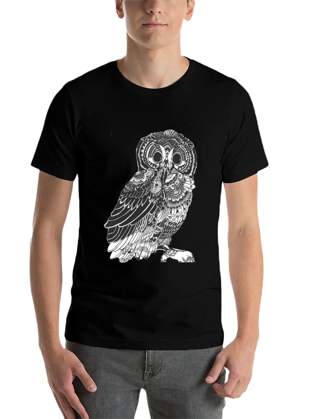 Black Men's Black Owl Graphic Tee - Unique Design view 7