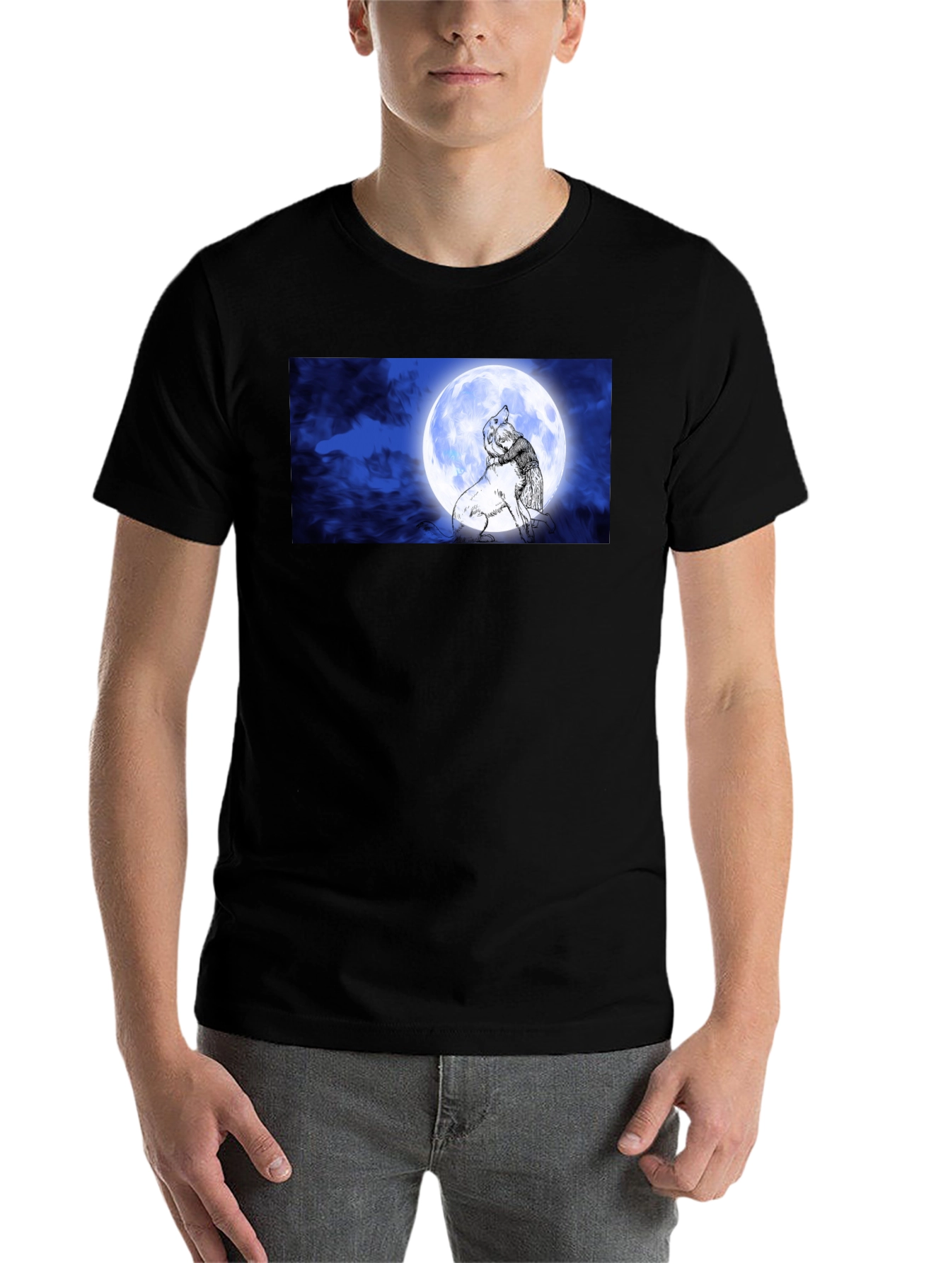 Black Moonlit Embrace T-Shirt: Man & Wolf Design view 7