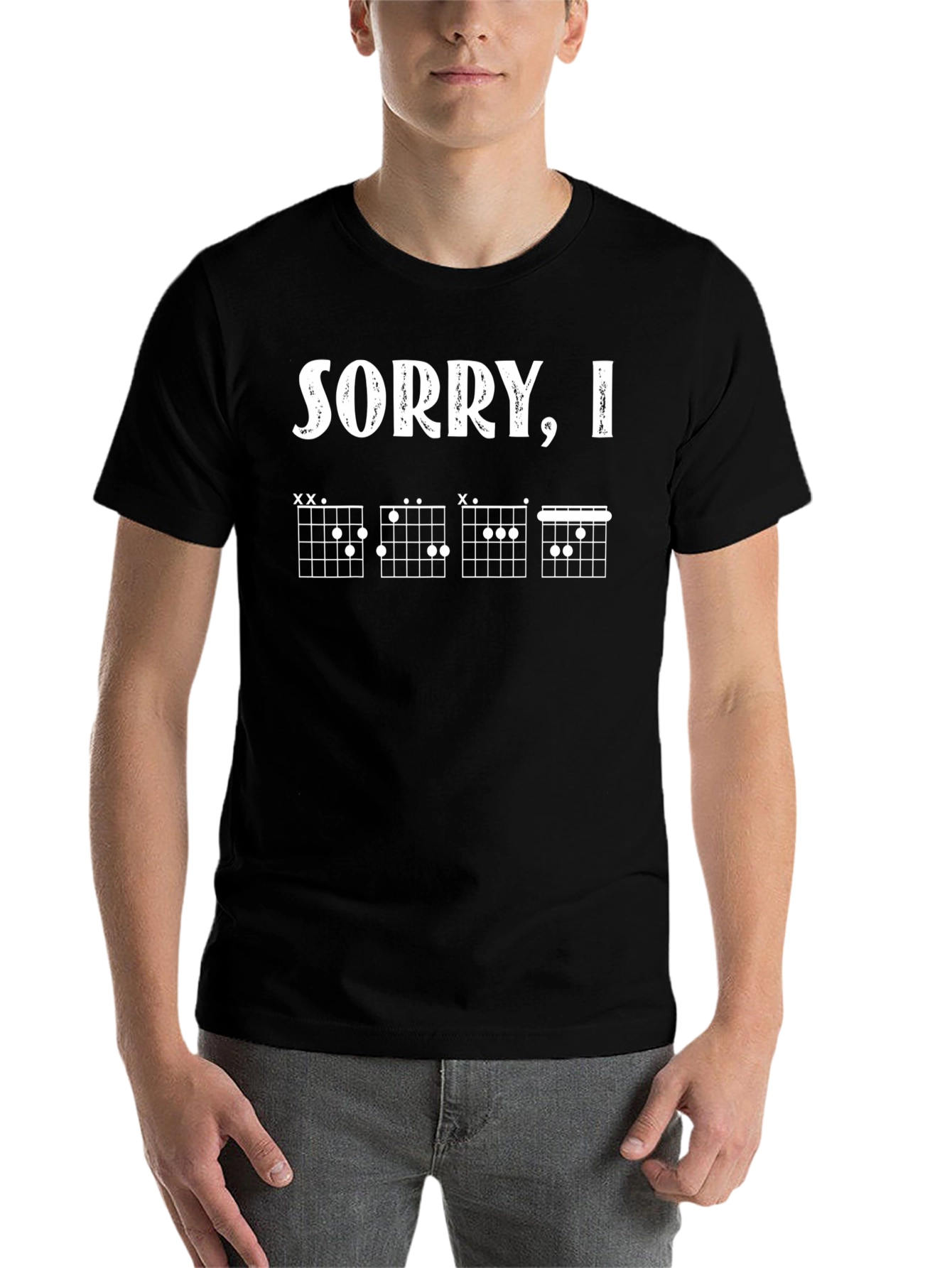 Black Sorry, I'm Busy Guitar Chords Funny Black T-Shirt view 7