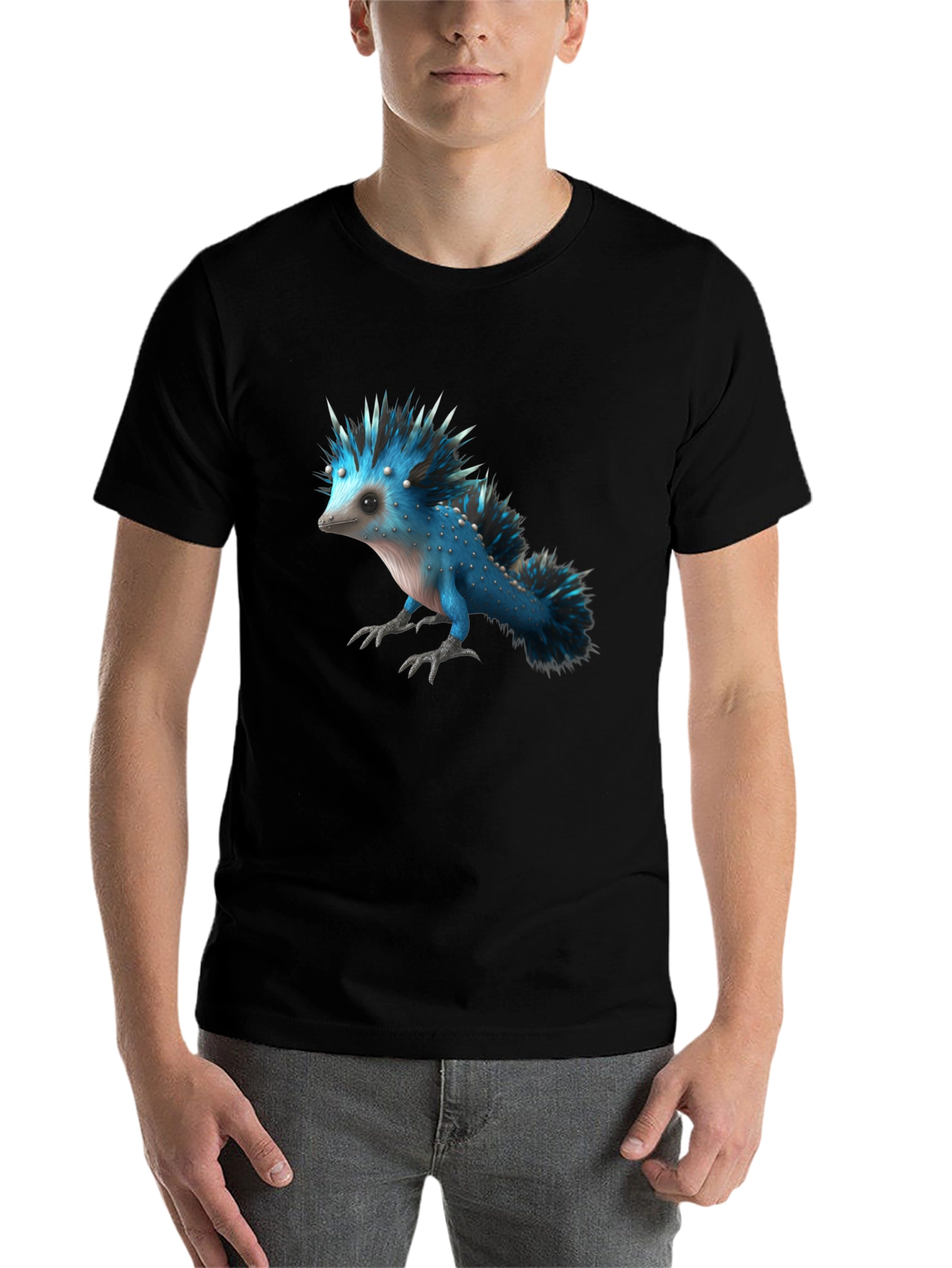 Black Men's Black T-Shirt with Blue Creature Graphic view 7