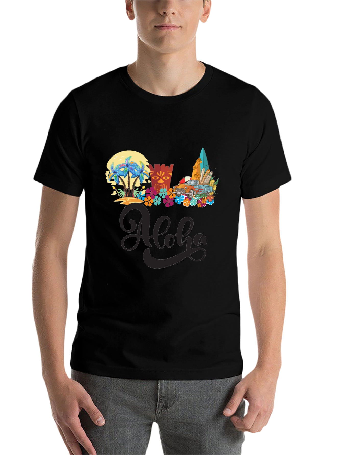 Black Aloha Summer T-Shirt: Beach Car & Surfboards view 7