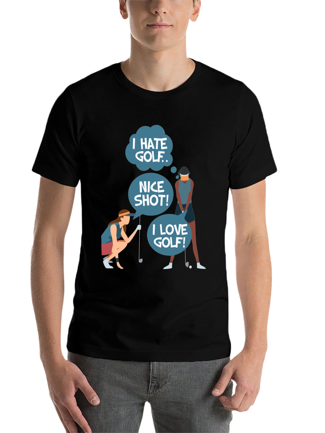Black Golf Humor Tee: I Hate, Nice Shot, I Love Golf view 7