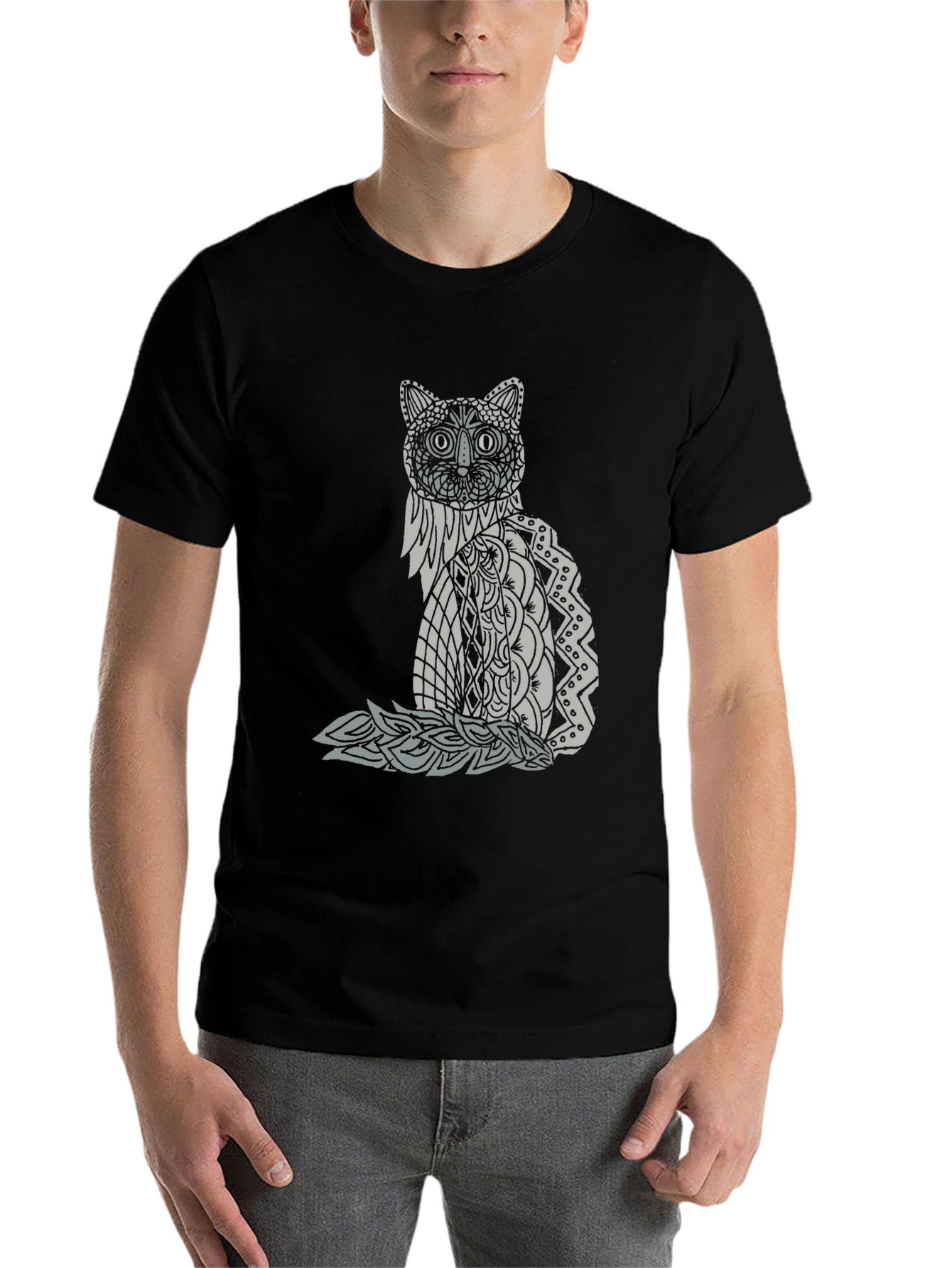 Black Abstract Cat Graphic Tee - Black Casual T-Shirt view 7