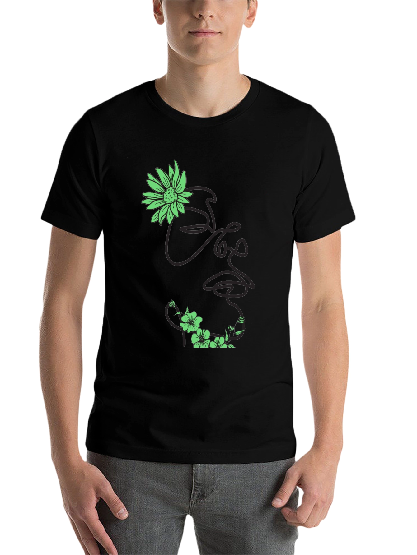 Black Floral Face Line Art Black T-Shirt view 7