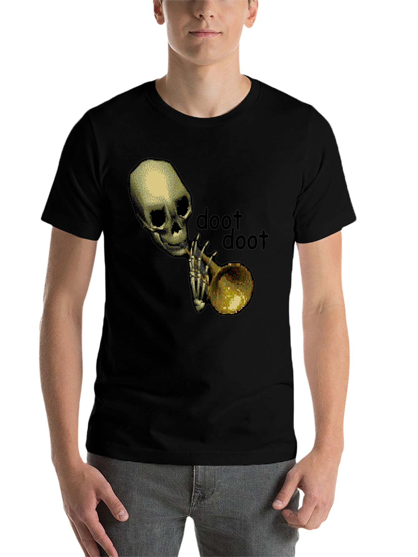 Black Doot Doot Skeleton Trumpet Black T-Shirt view 7