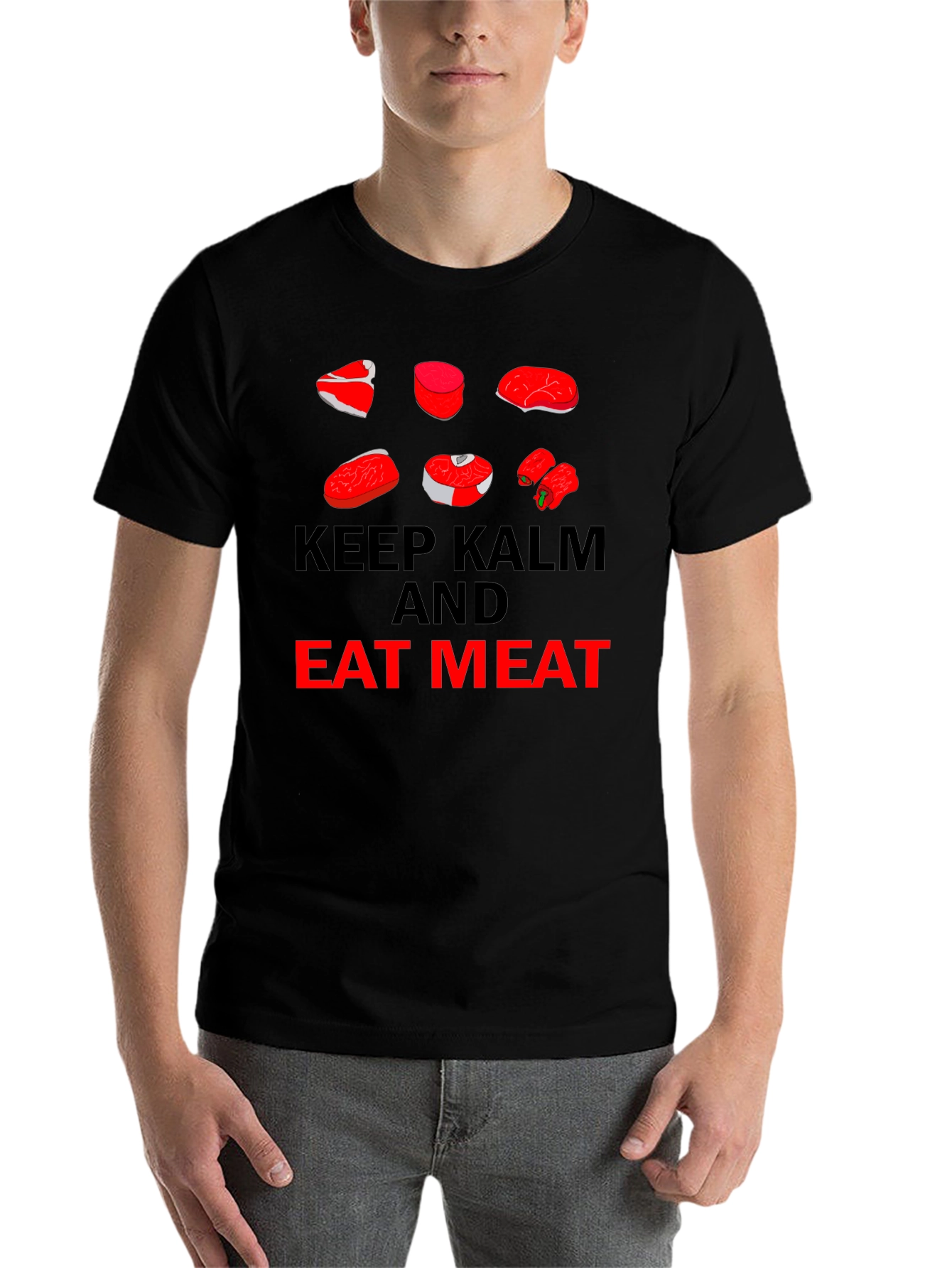 Black Keep Calm Eat Meat T-Shirt view 7