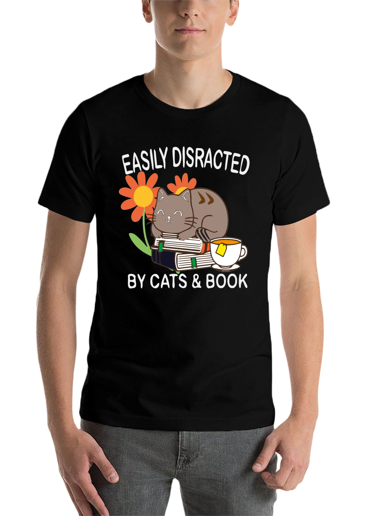 Black Easily Distracted By Cats & Books T-Shirt view 7