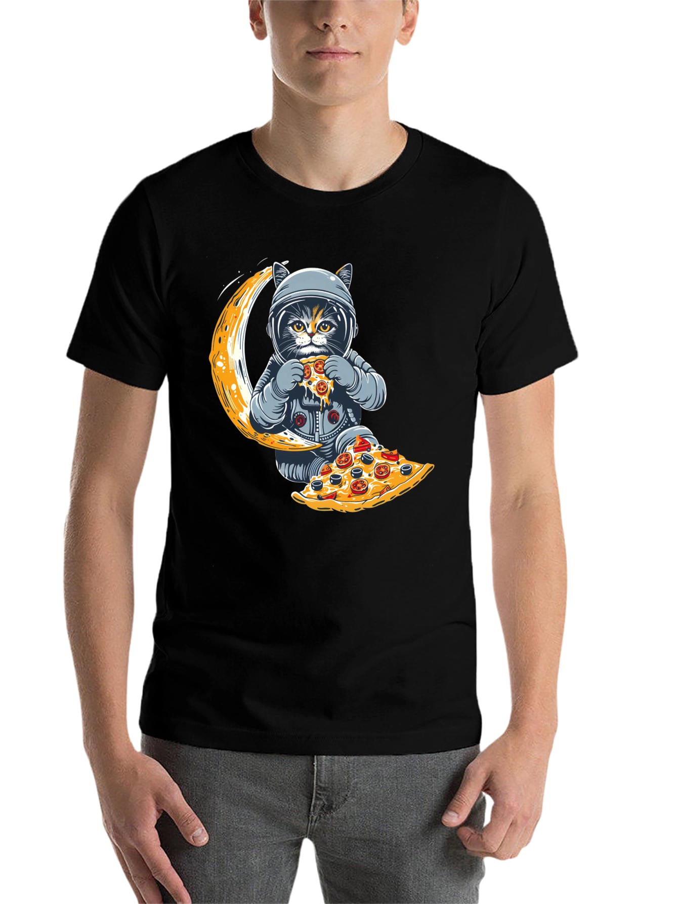 Black Astronaut Cat Pizza Moon T-Shirt view 7