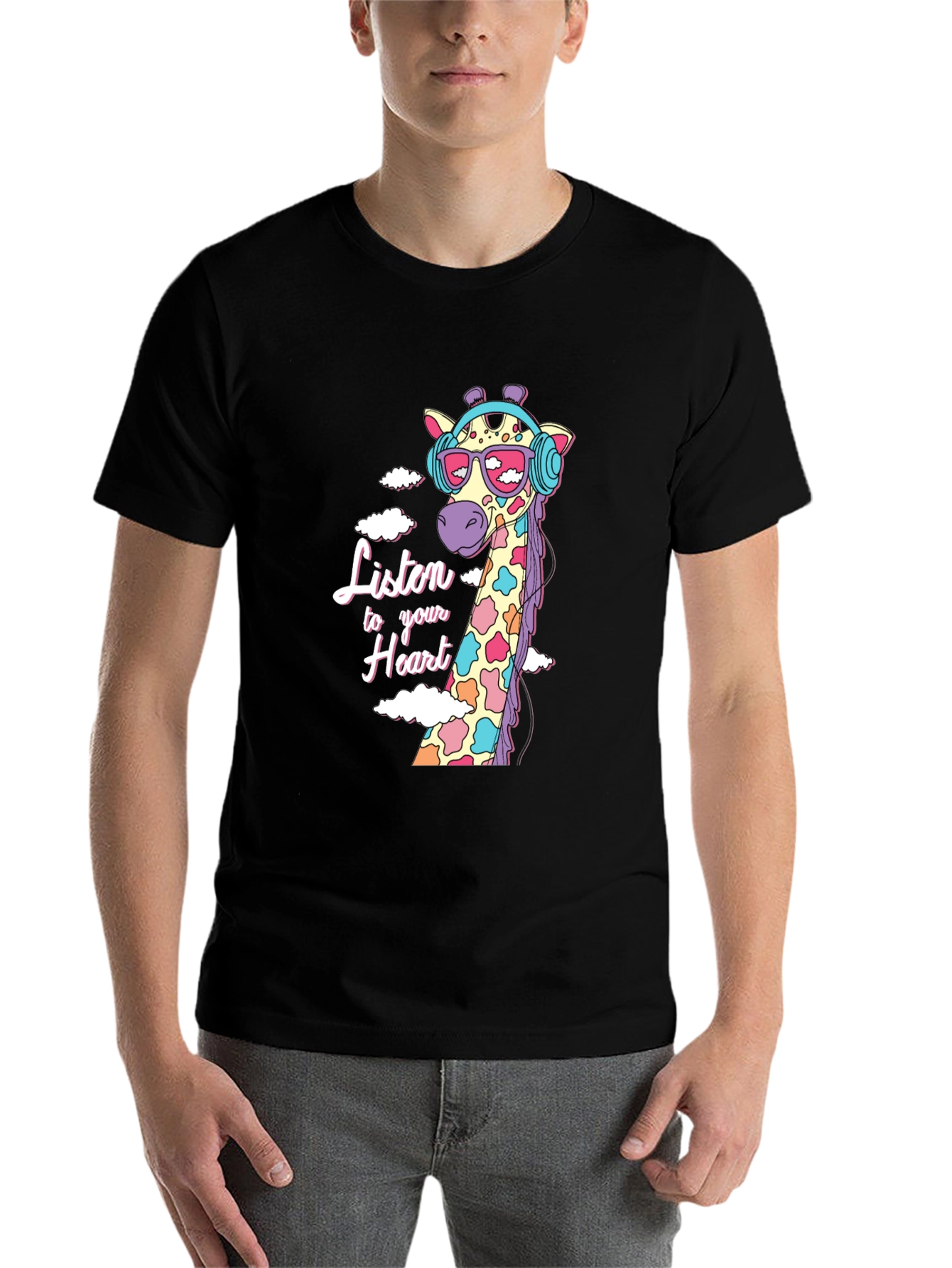 Black Cool Giraffe T-Shirt - Listen to Your Heart view 7