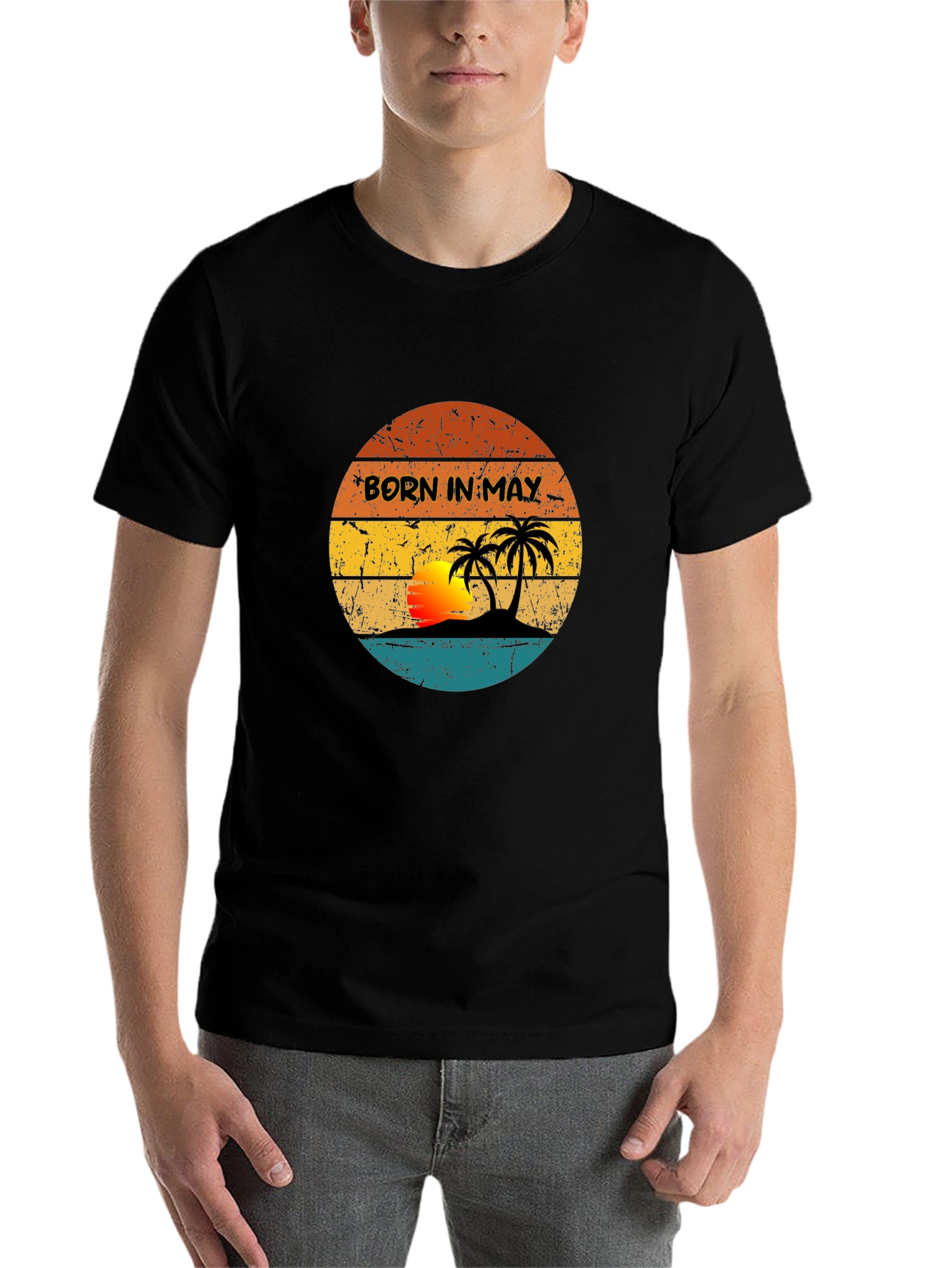 Black Born In May Retro Sunset T-Shirt view 7