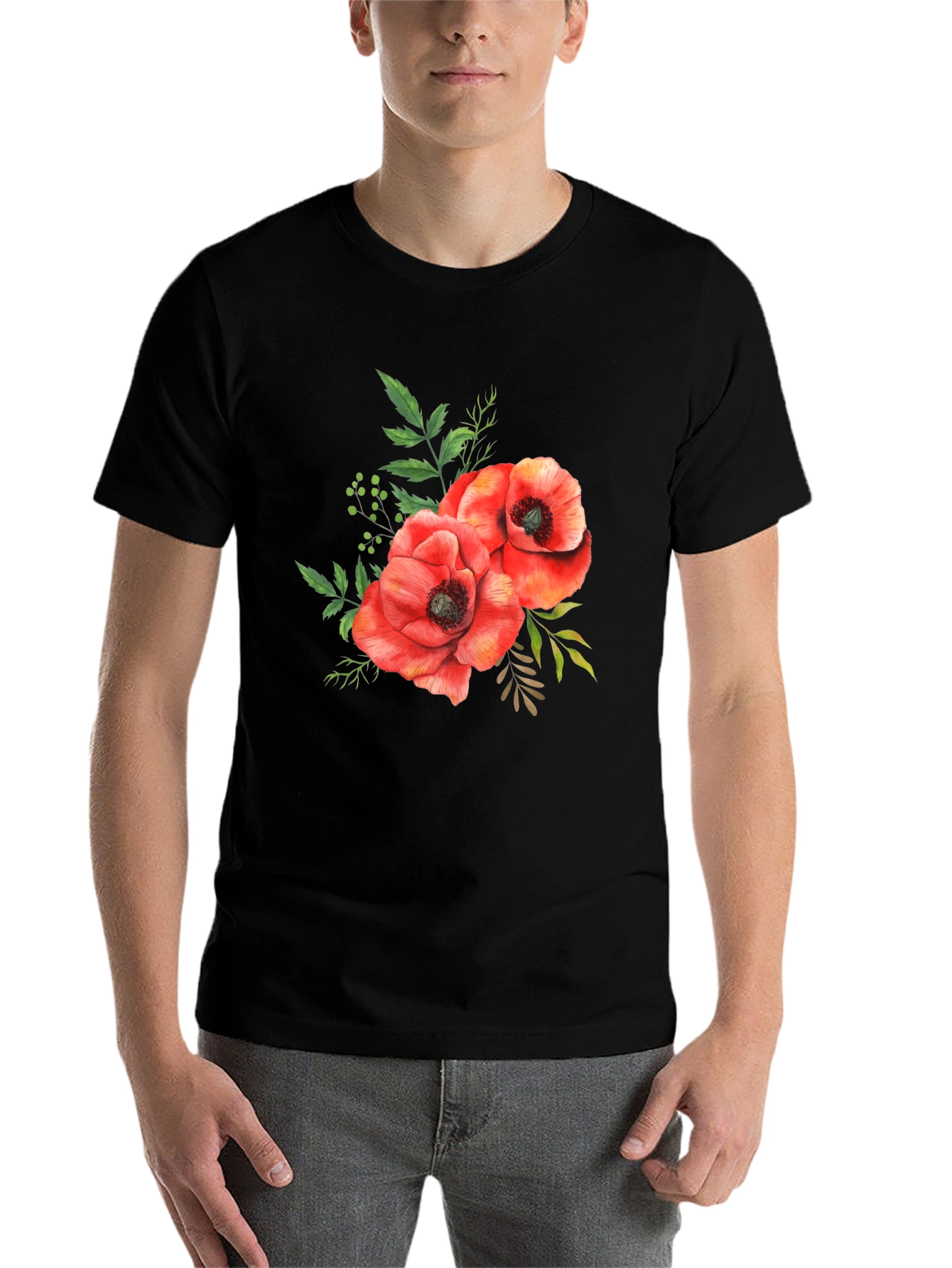 Black Floral Poppy T-Shirt - Black Cotton Tee view 7