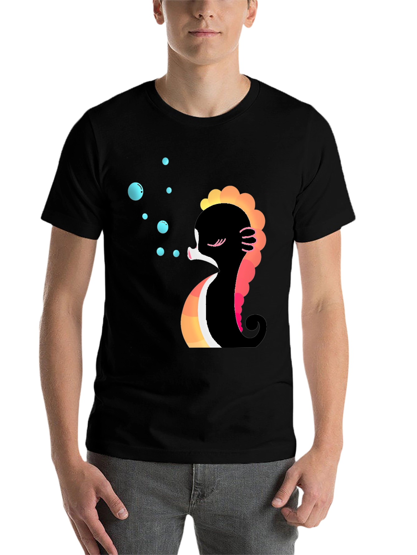Black Cute Seahorse Bubbles Graphic Tee view 7