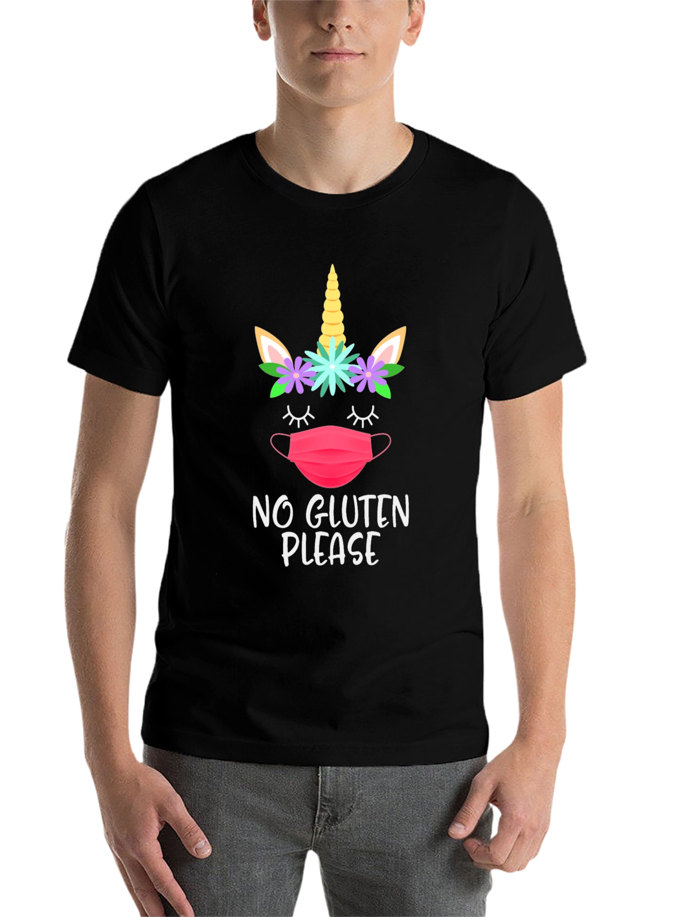 Black No Gluten Please Unicorn Face Mask T-Shirt view 7
