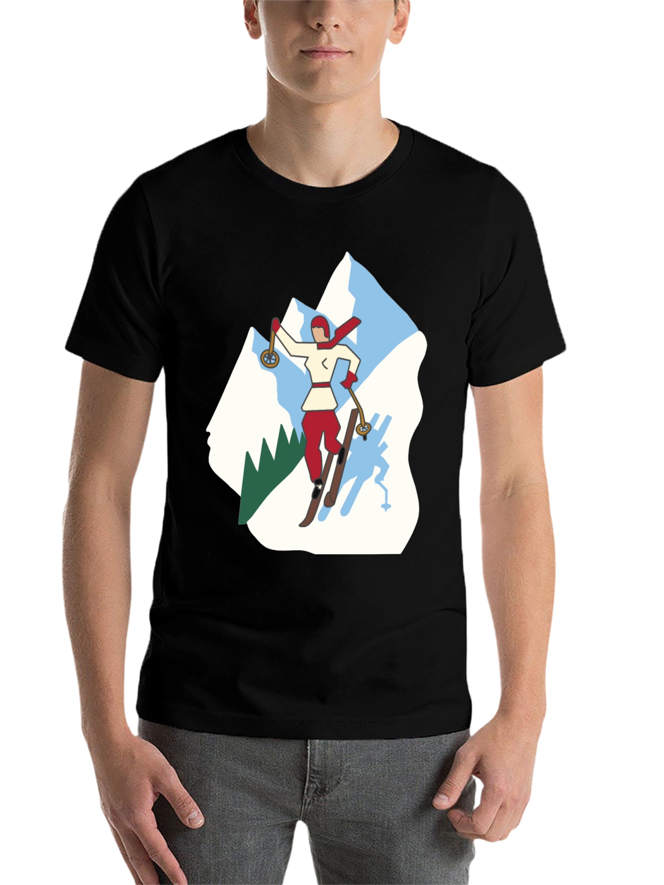 Black Retro Skiing Graphic Tee - Black Cotton T-Shirt view 7