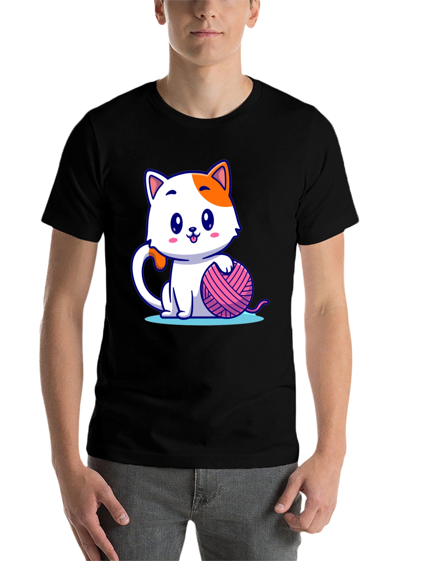 Black Cute Cartoon Cat with Yarn Ball Graphic Tee view 7