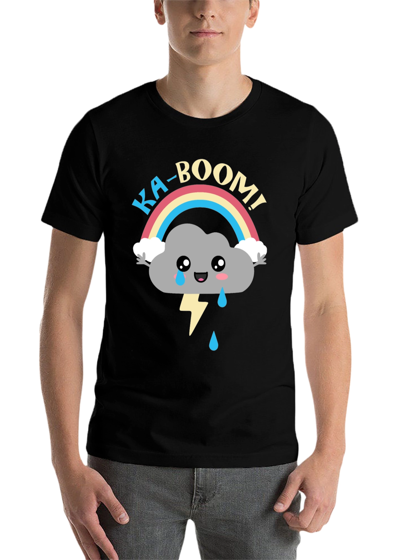 Black Ka-Boom Rainbow Cloud T-Shirt Funny Graphic Tee view 7