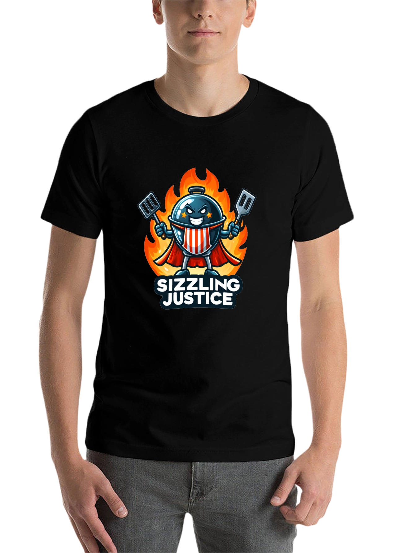 Black Sizzling Justice T-Shirt - Grill Master Hero Design view 7