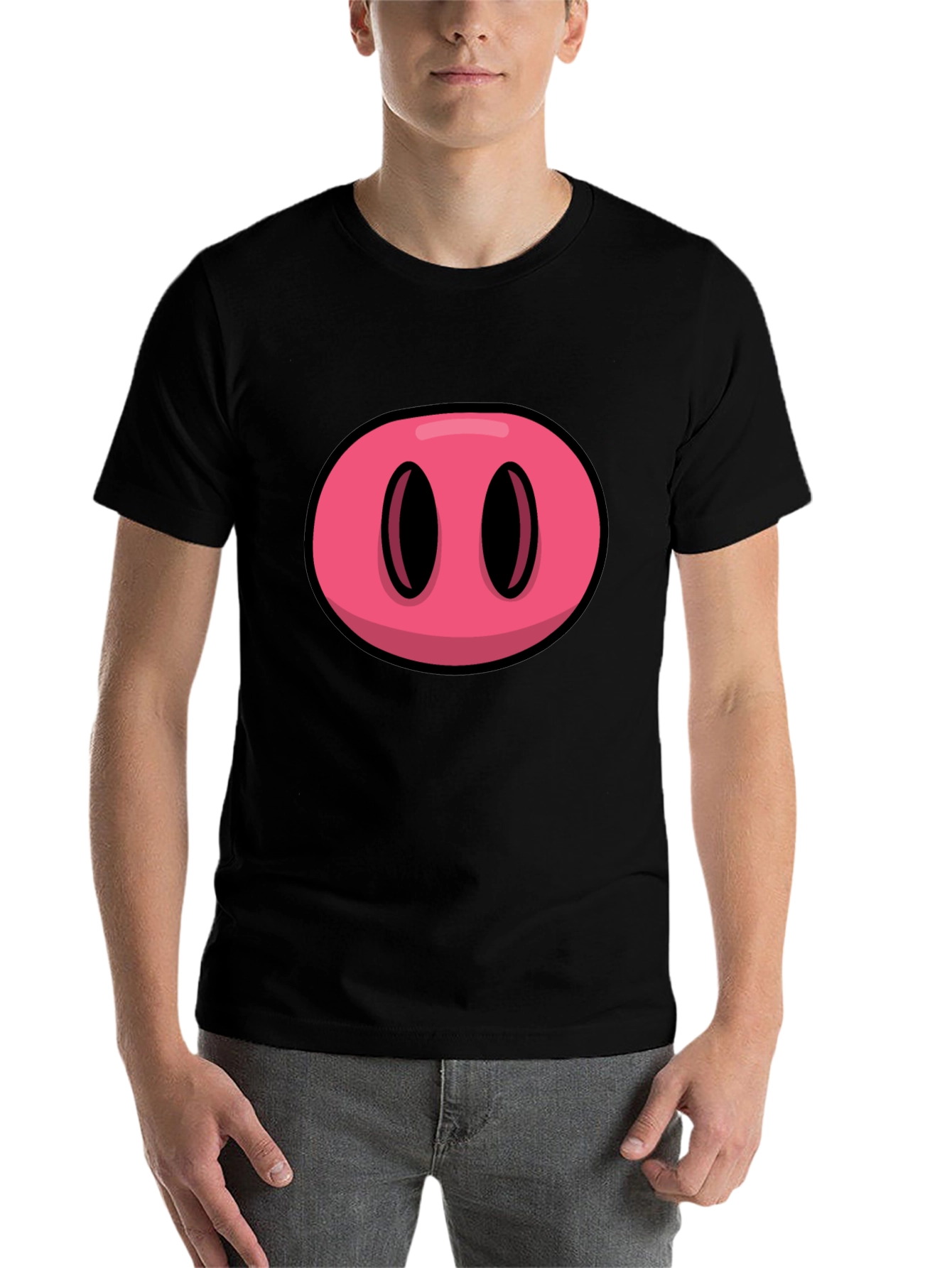 Black Cartoon Pig Nose Graphic Black T-Shirt view 7