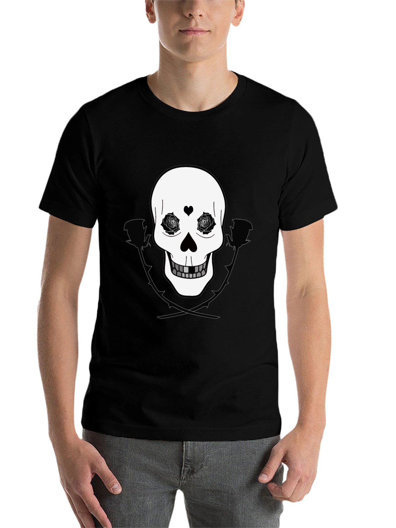 Black Skull & Roses Graphic Tee - Black Cotton Casual Wear view 7