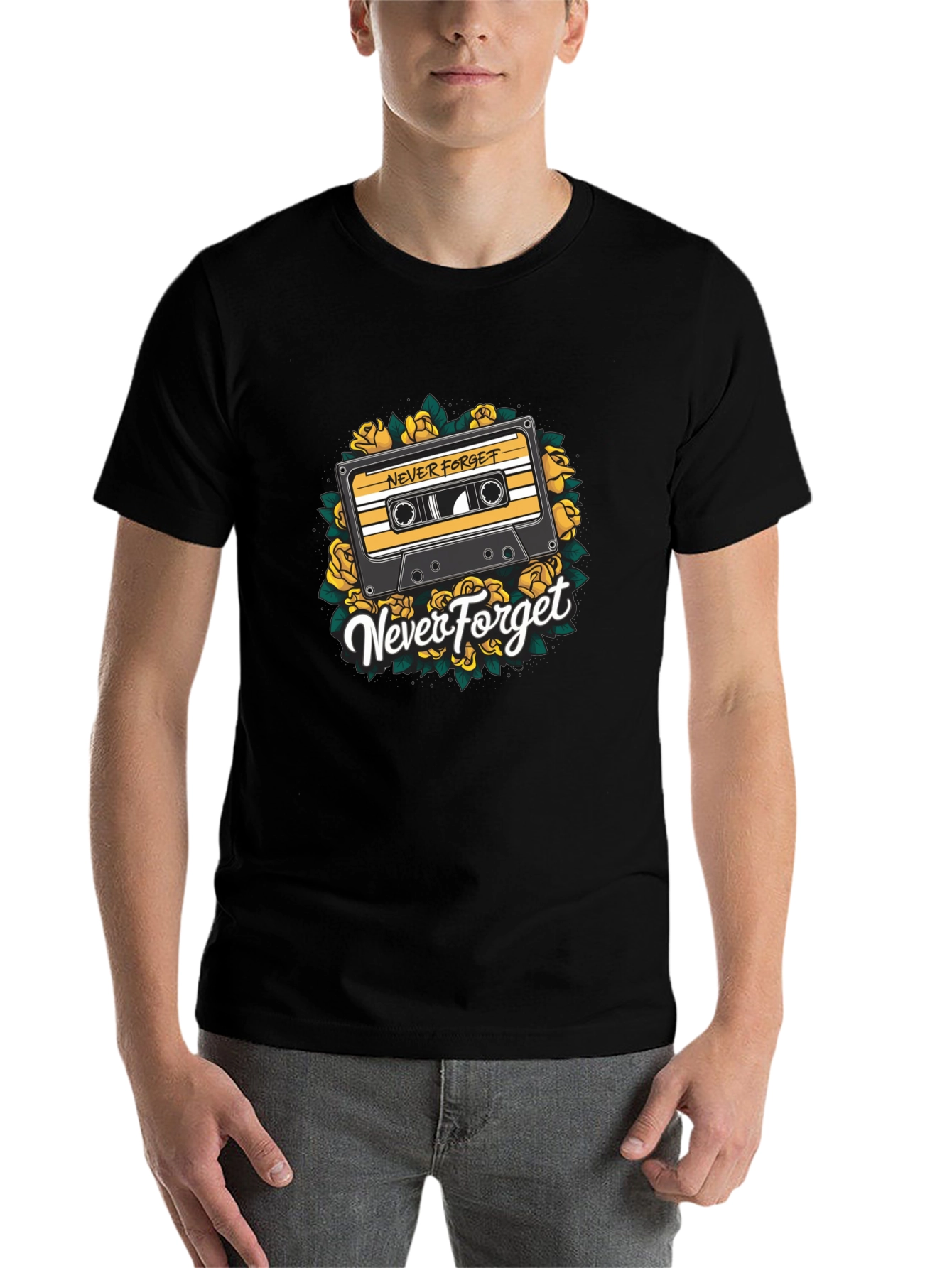 Black Retro Cassette & Roses Graphic T-Shirt - Never Forget view 7