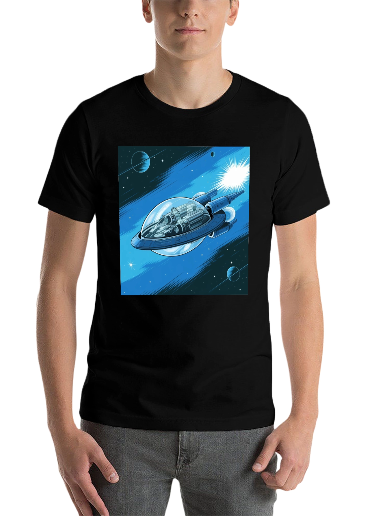Black Sci-Fi Spaceship Graphic T-Shirt view 7