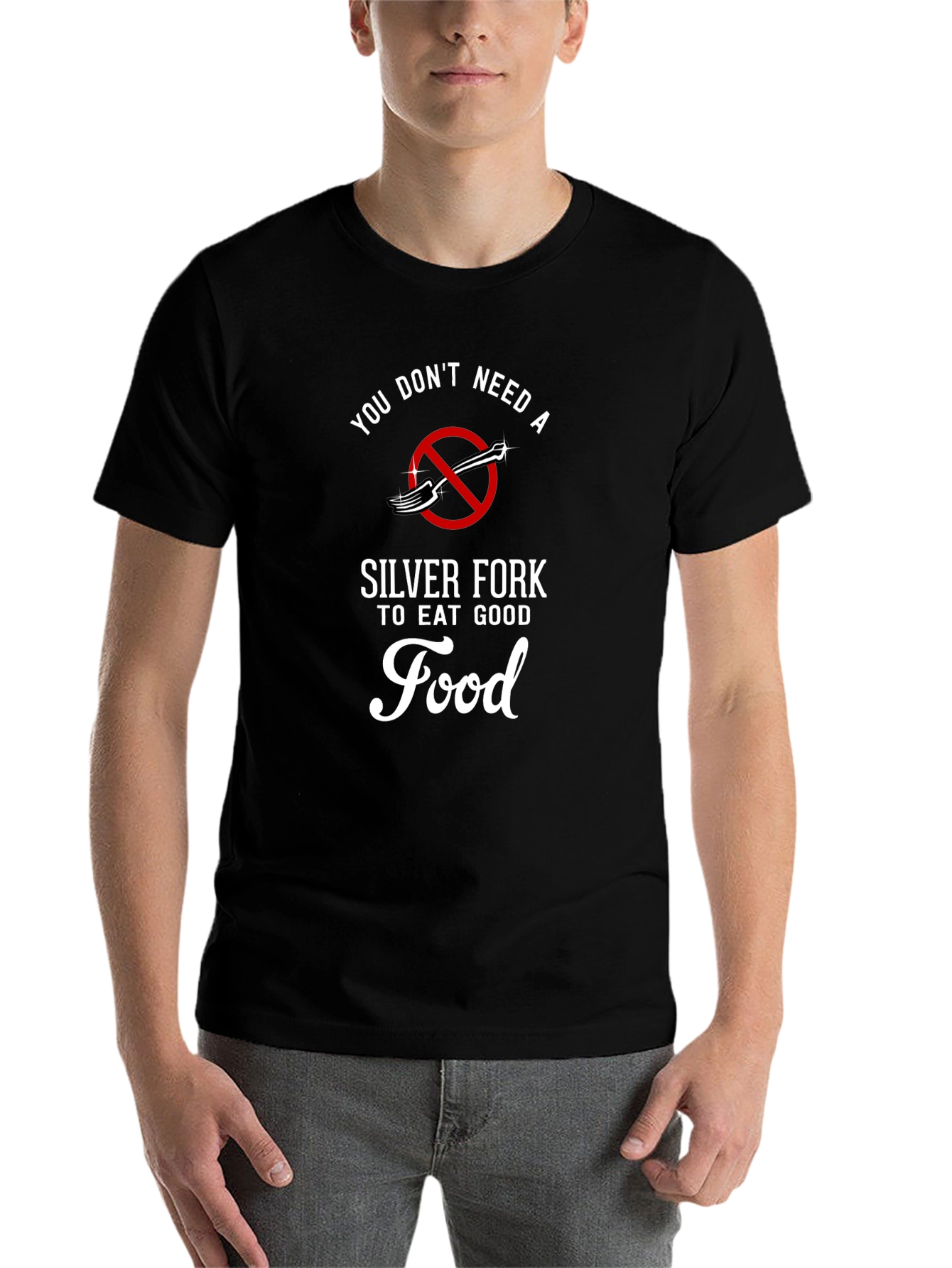 Black Funny Foodie T-Shirt - Silver Fork Not Required view 7