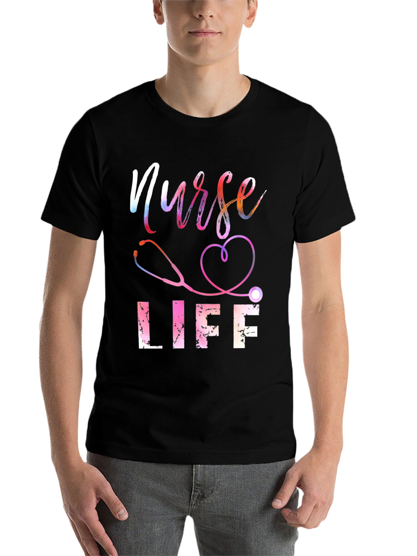 Black Nurse Life T-Shirt - Stethoscope Heart view 7