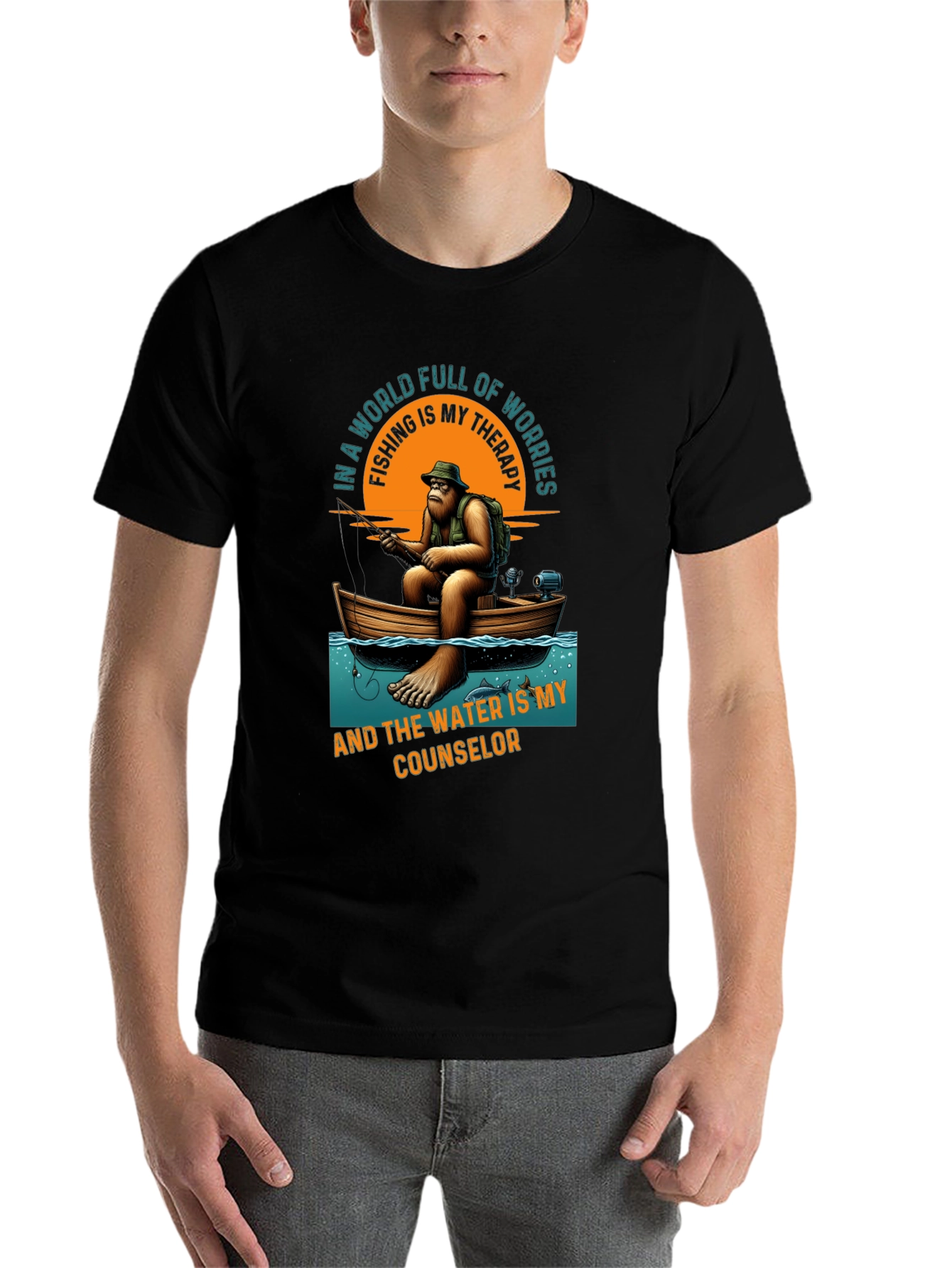 Black Fishing Therapy T-Shirt: Bigfoot Design view 7