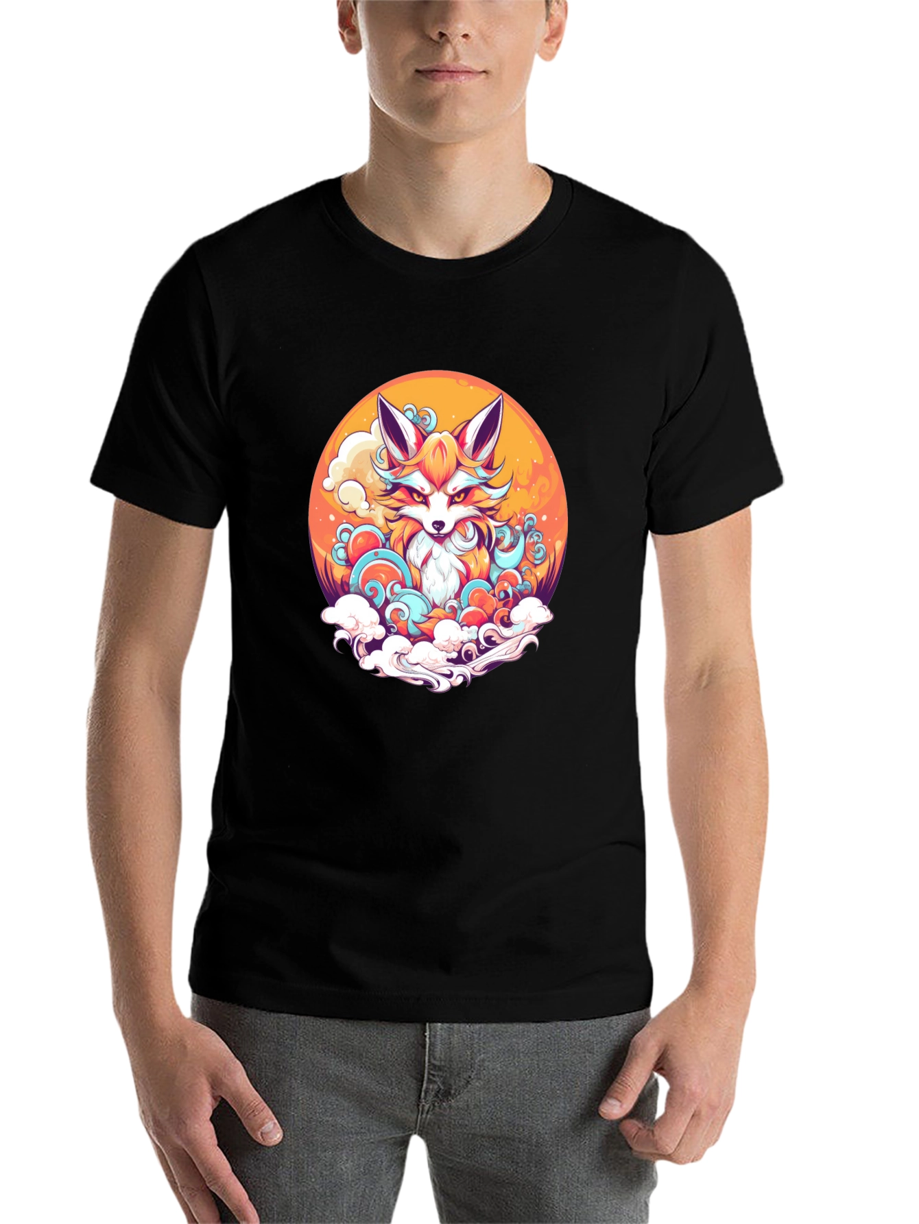Anime Fox Graphic Black T-Shirt - 7