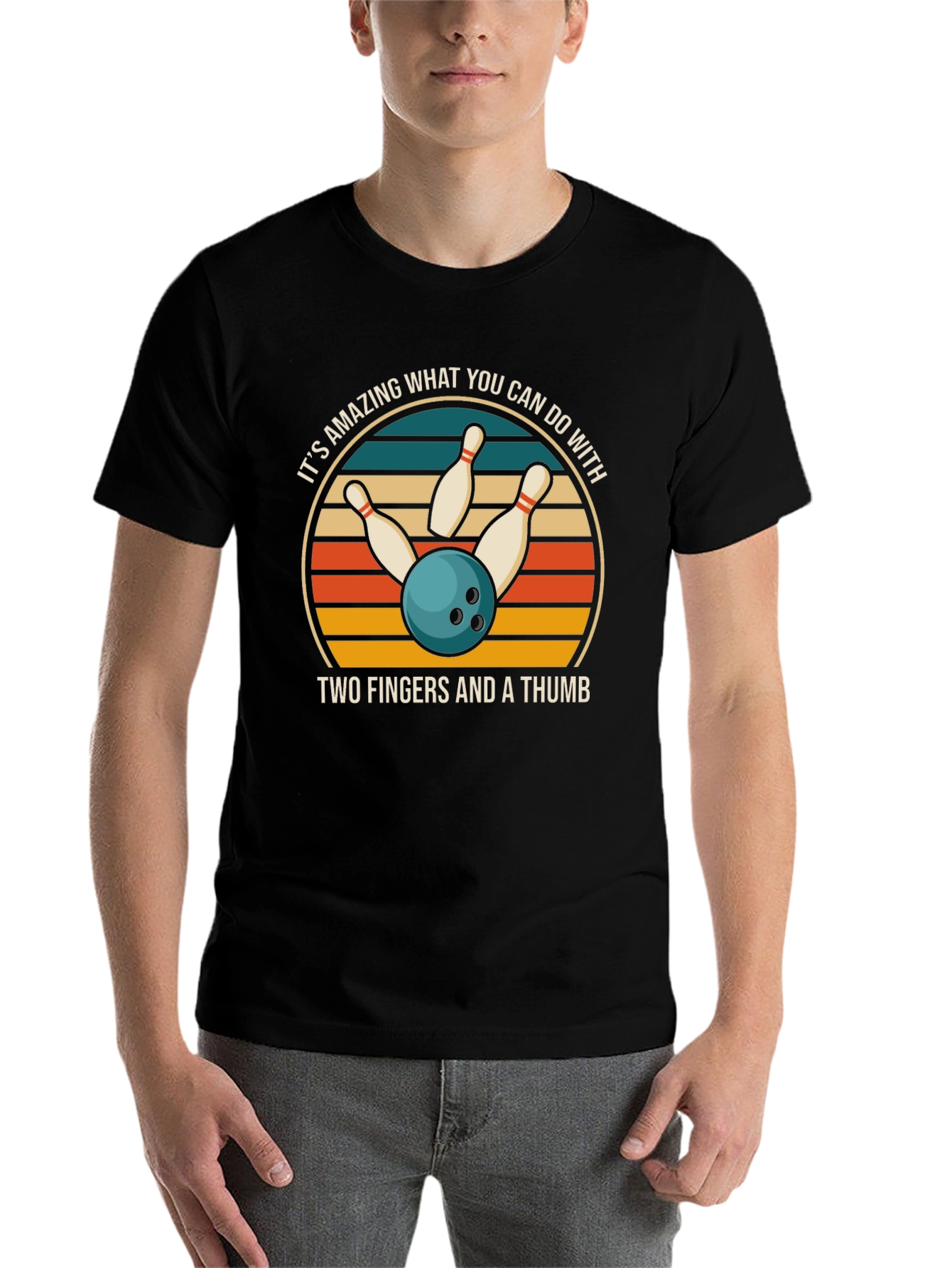Black Bowling T-Shirt: Two Fingers & A Thumb view 7