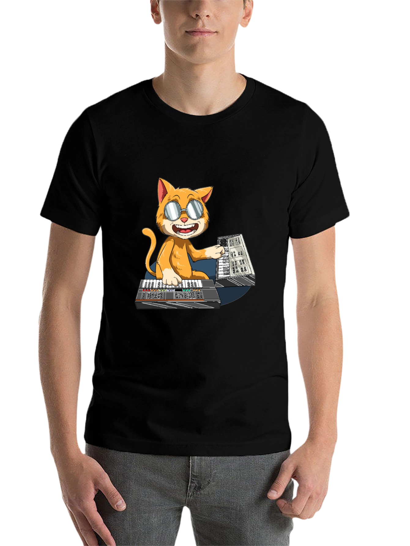 Black Cool Cat Keyboardist T-Shirt view 7