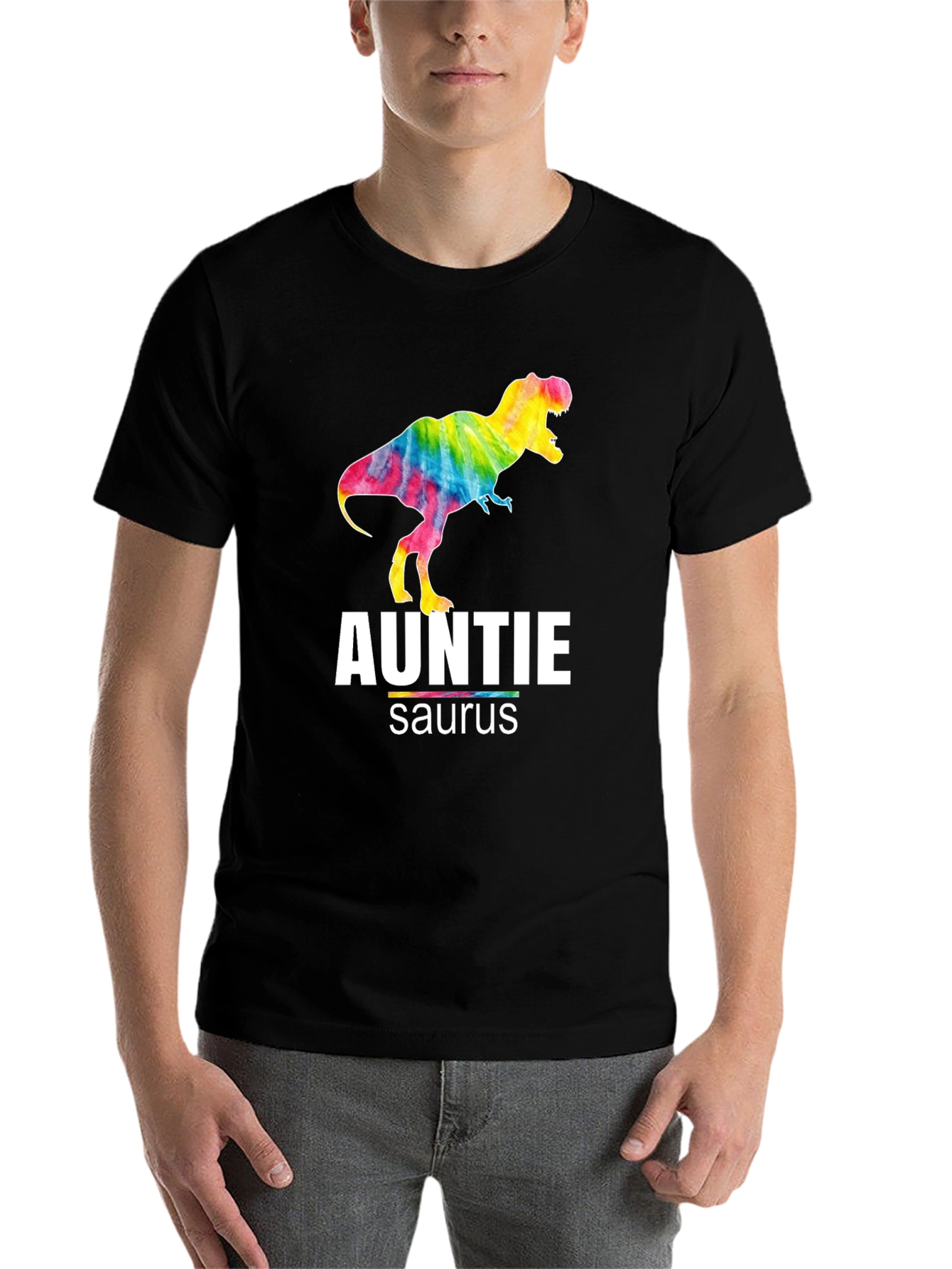 Black Auntie Saurus T-Rex Tie Dye Graphic T-Shirt view 7