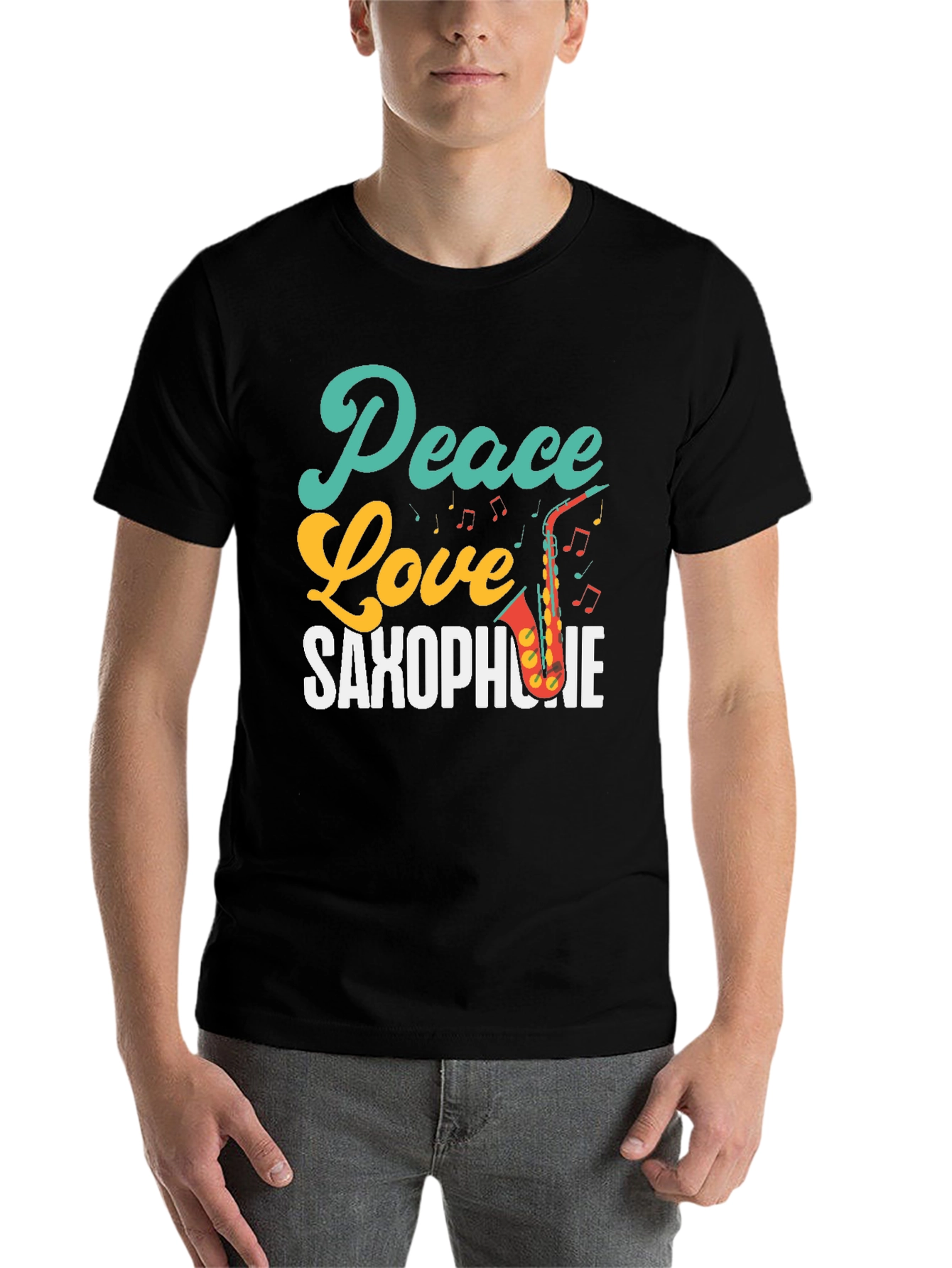 Black Peace Love Saxophone T-Shirt - Music Lover Tee view 7