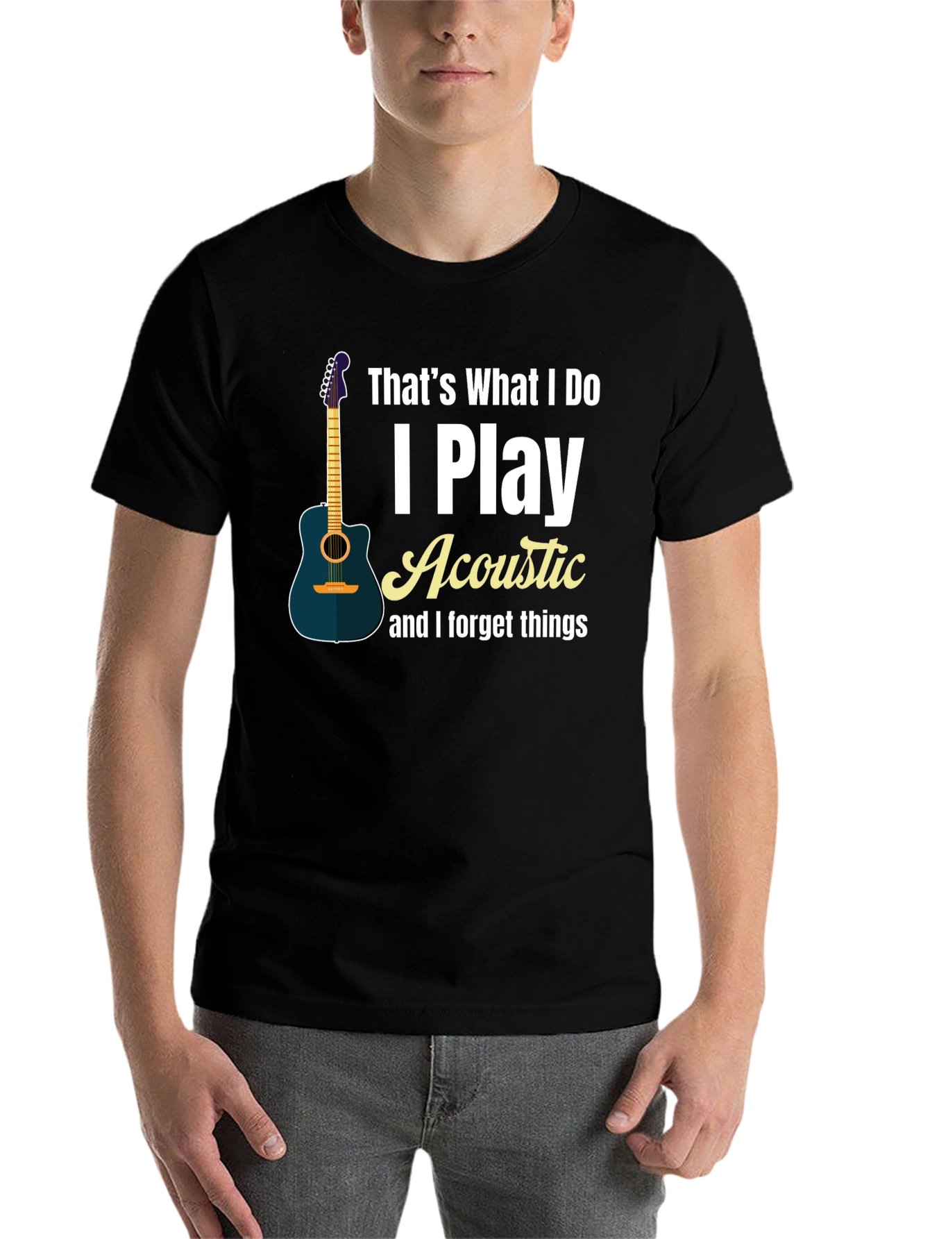 Black Acoustic Guitar Player Black T-Shirt view 7