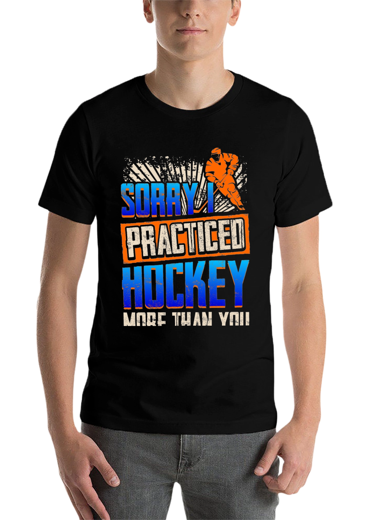 Black Funny Hockey T-Shirt - "Sorry I Practiced" view 7