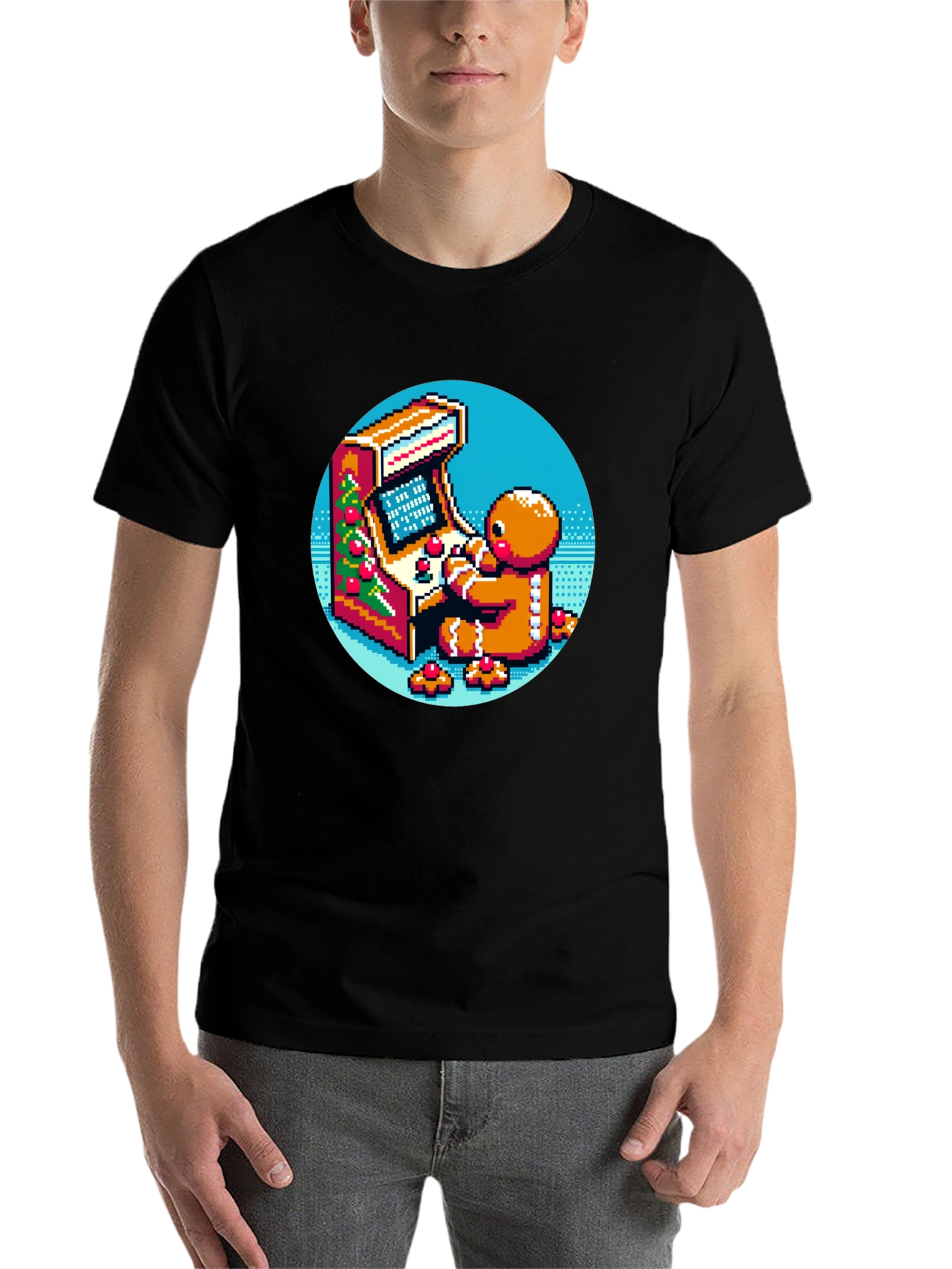 Black Gingerbread Gamer T-Shirt - Retro Pixel Arcade Fun view 7