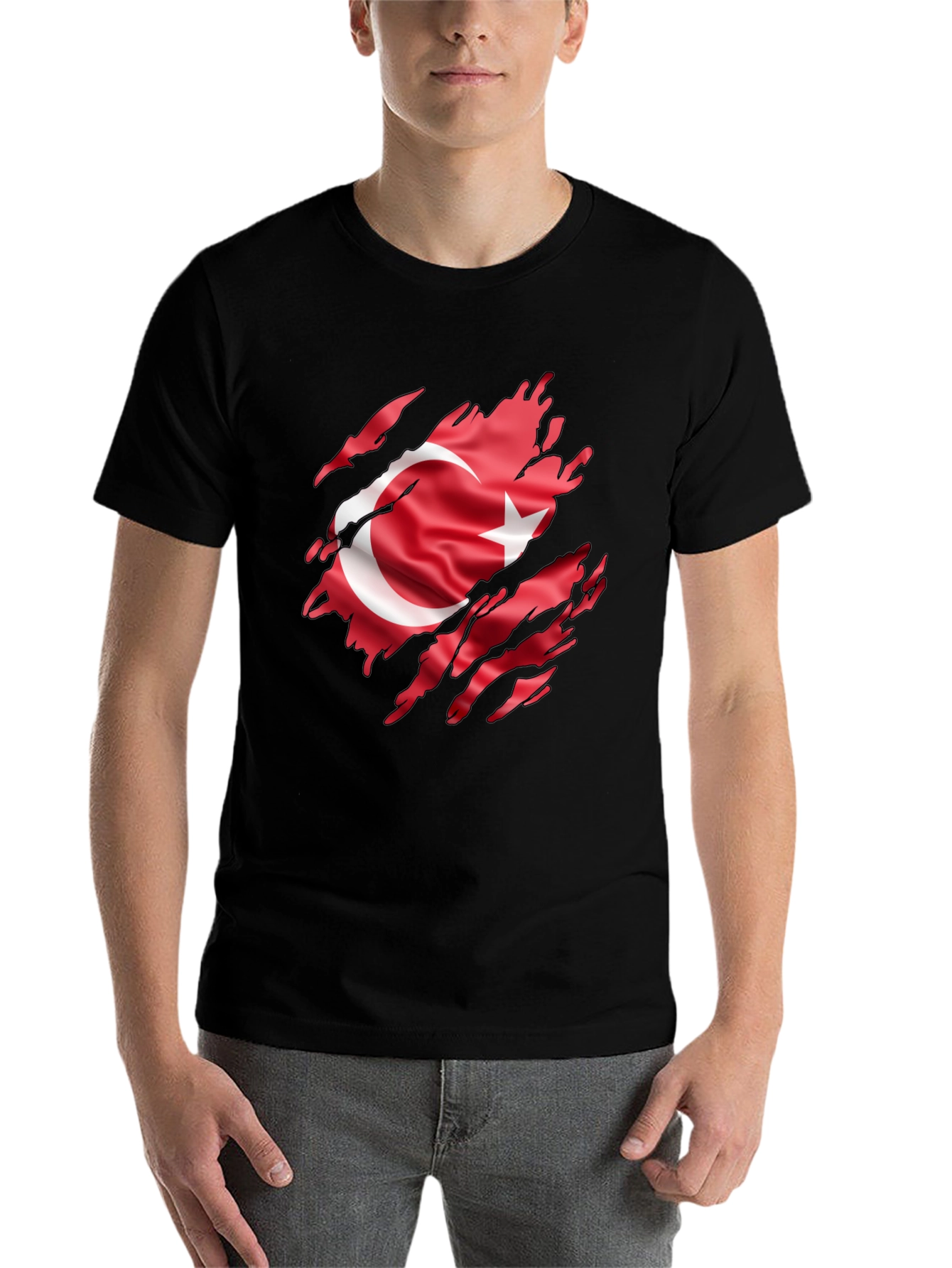 Black Men's Black T-Shirt with Turkey Flag Graphic view 7